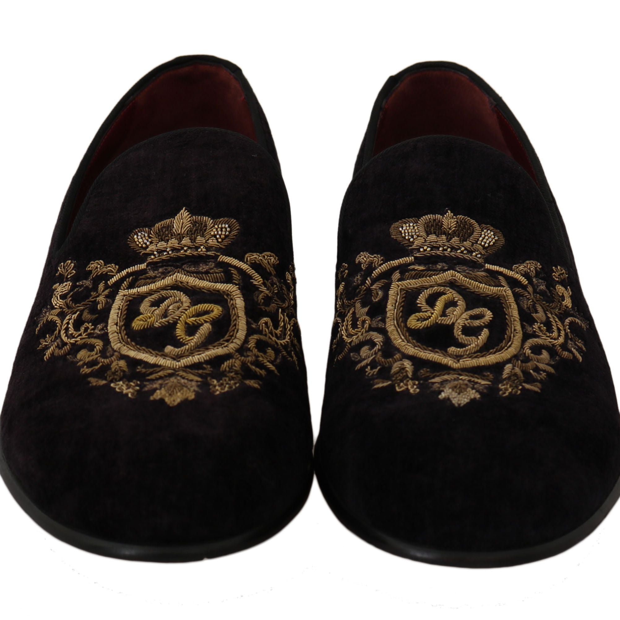Dolce & Gabbana Loafers Black Velvet Gold Crown