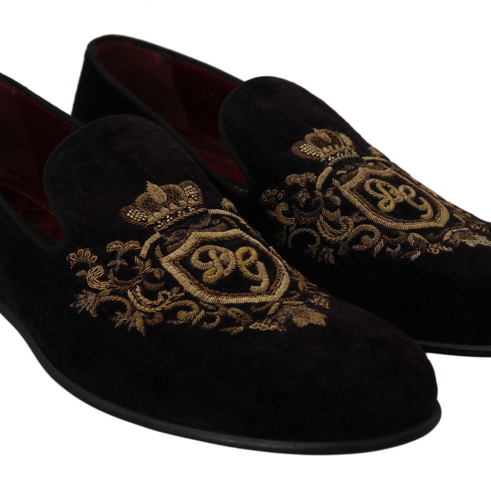Dolce & Gabbana Loafers Black Velvet Gold Crown