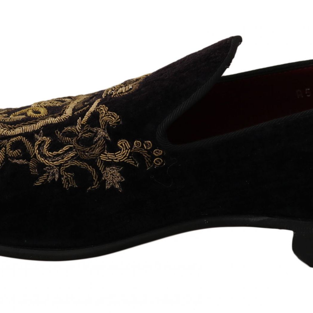 Dolce & Gabbana Loafers Black Velvet Gold Crown