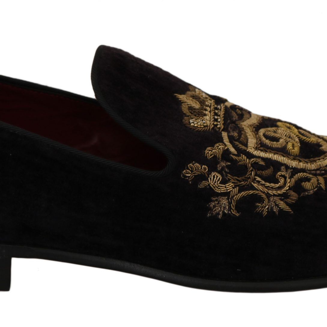 Dolce & Gabbana Loafers Black Velvet Gold Crown