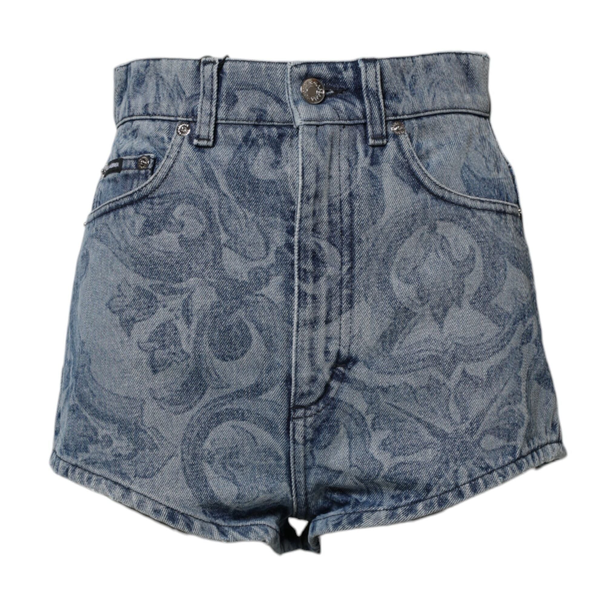 Dolce & Gabbana Blue Floral Print Denim Cotton Hot Pants Shorts