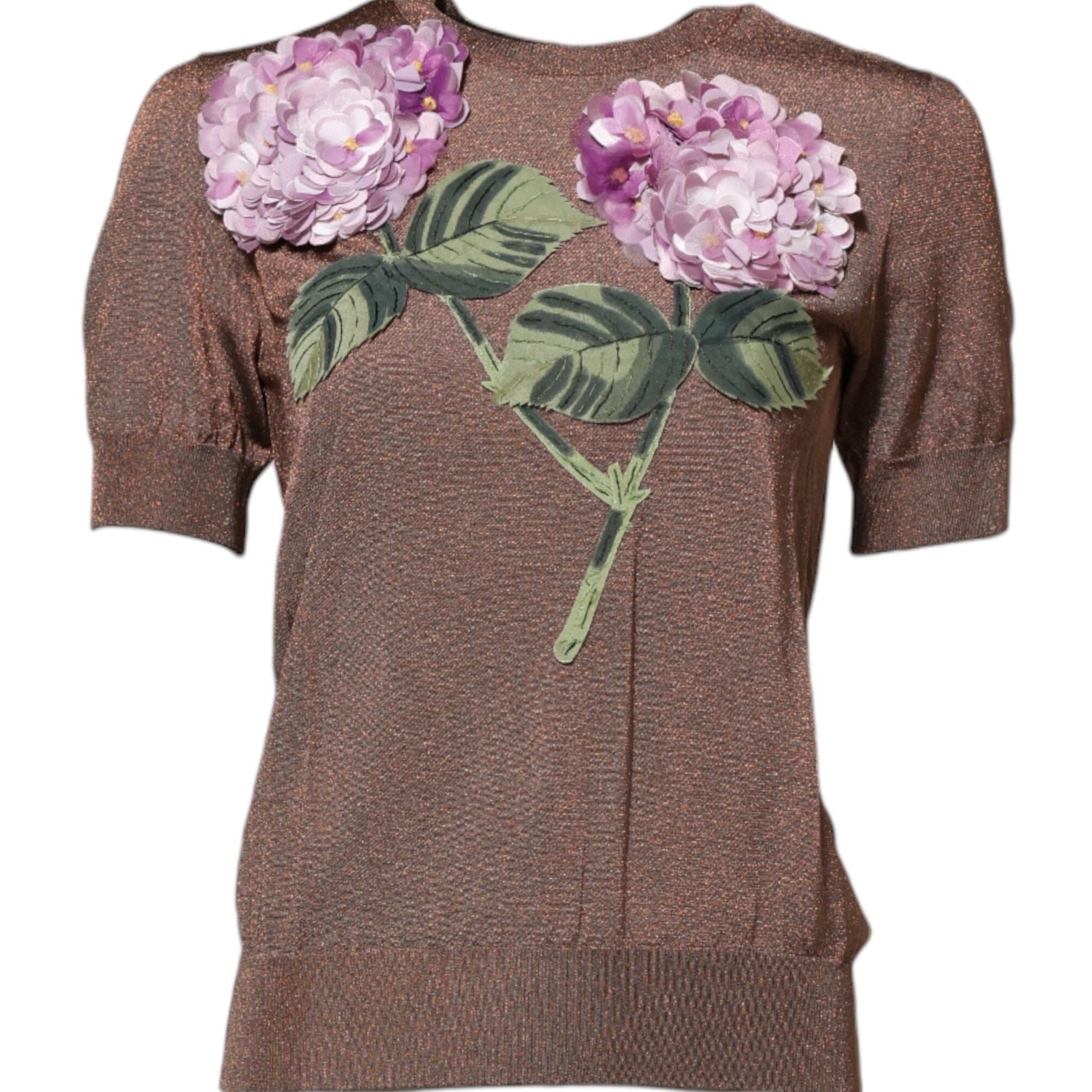 Dolce & Gabbana Brown Lily Embellished Round Neck Blouse Top