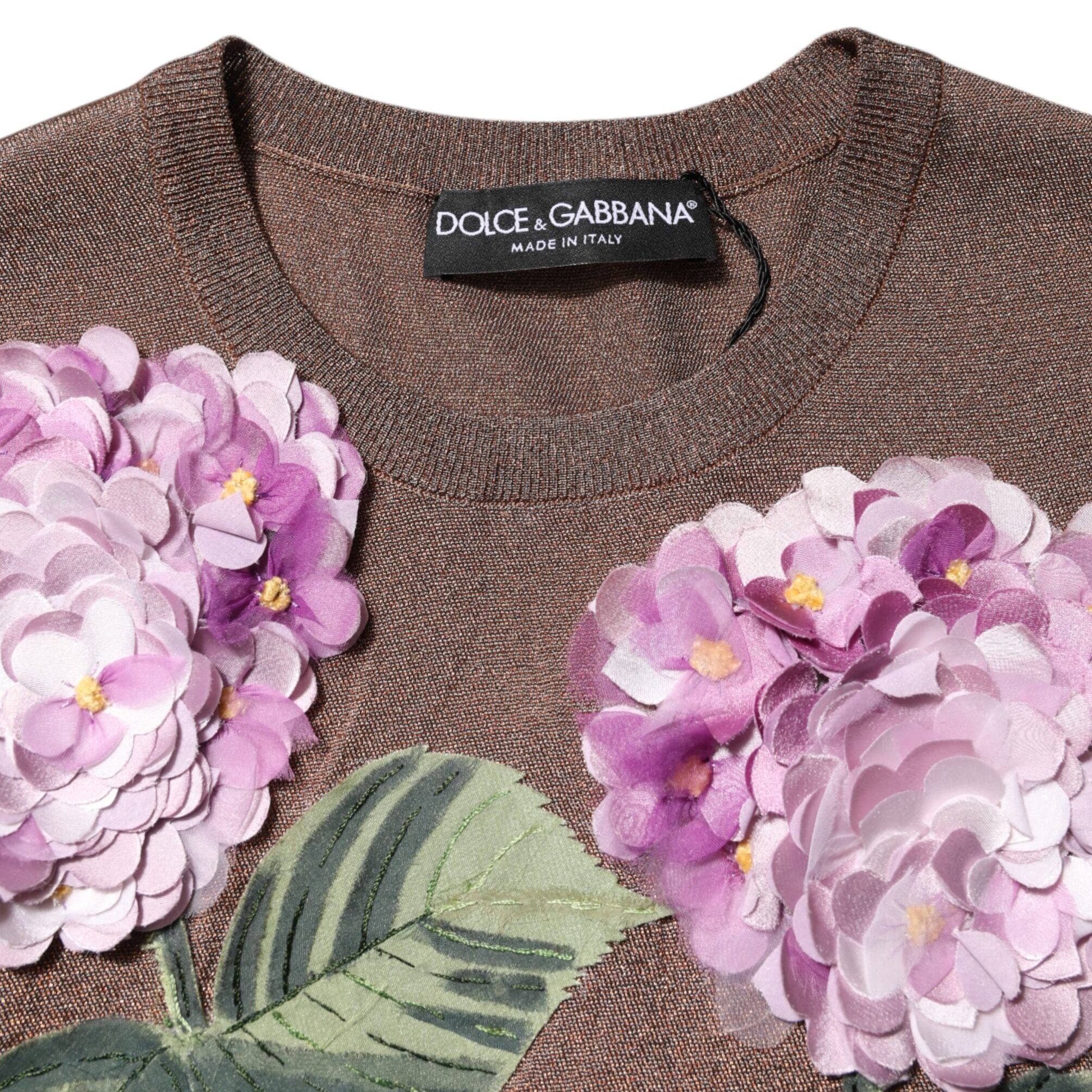 Dolce & Gabbana Brown Lily Embellished Round Neck Blouse Top