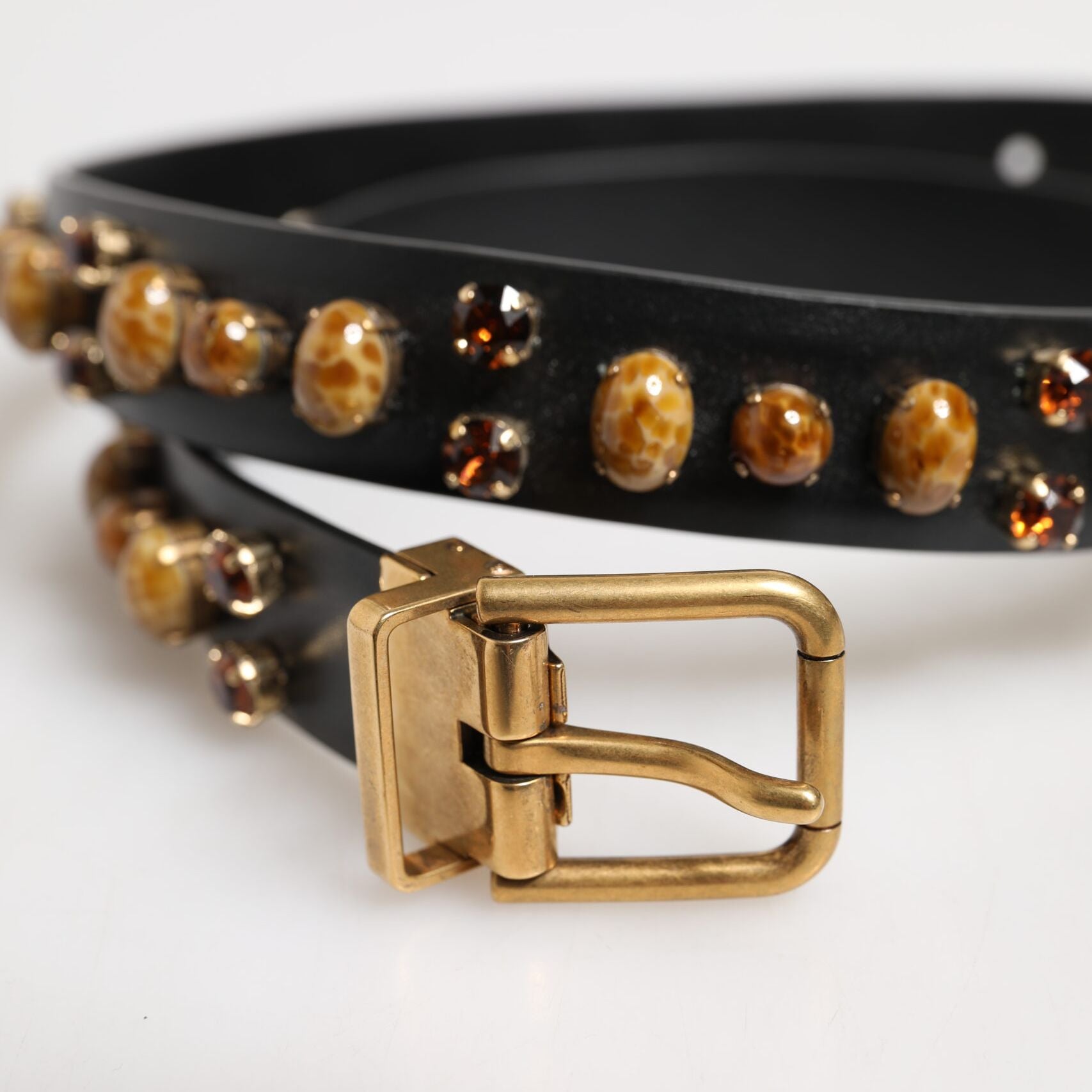 Dolce & Gabbana Black Leather Studded Gold Tone Buckle Belt