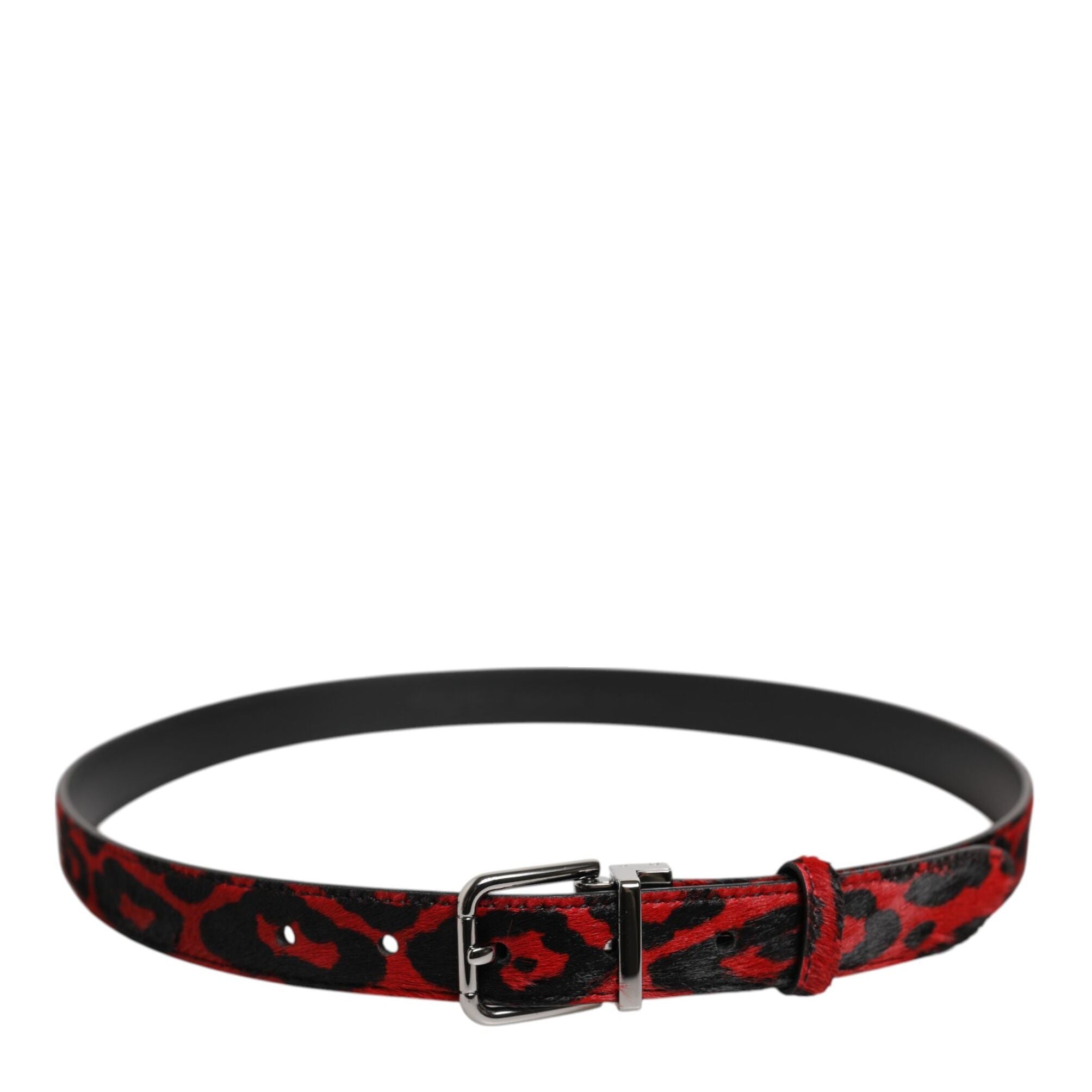 Dolce & Gabbana Black Red Leopard Silver Metal Buckle Belt
