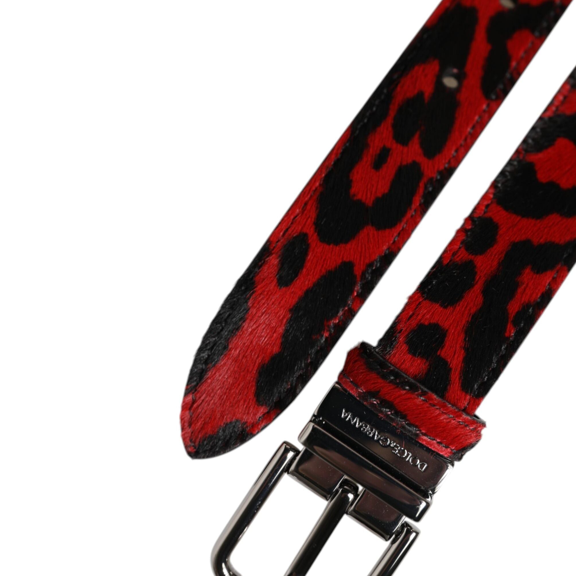 Dolce & Gabbana Black Red Leopard Silver Metal Buckle Belt