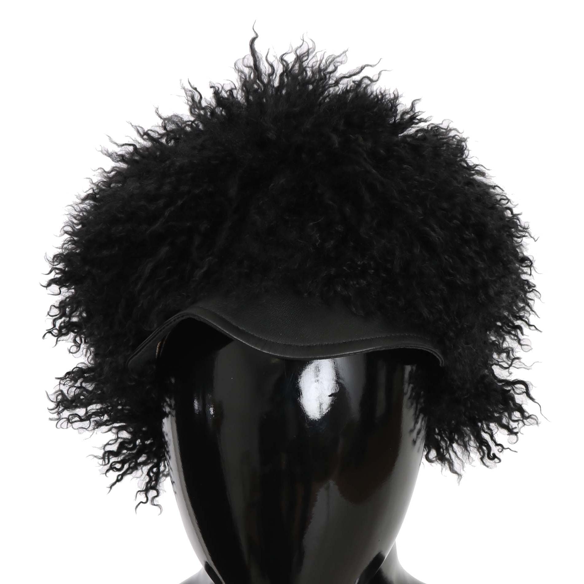 Dolce & Gabbana Black Tibet Lamb Fur Leather Gatsby Hat