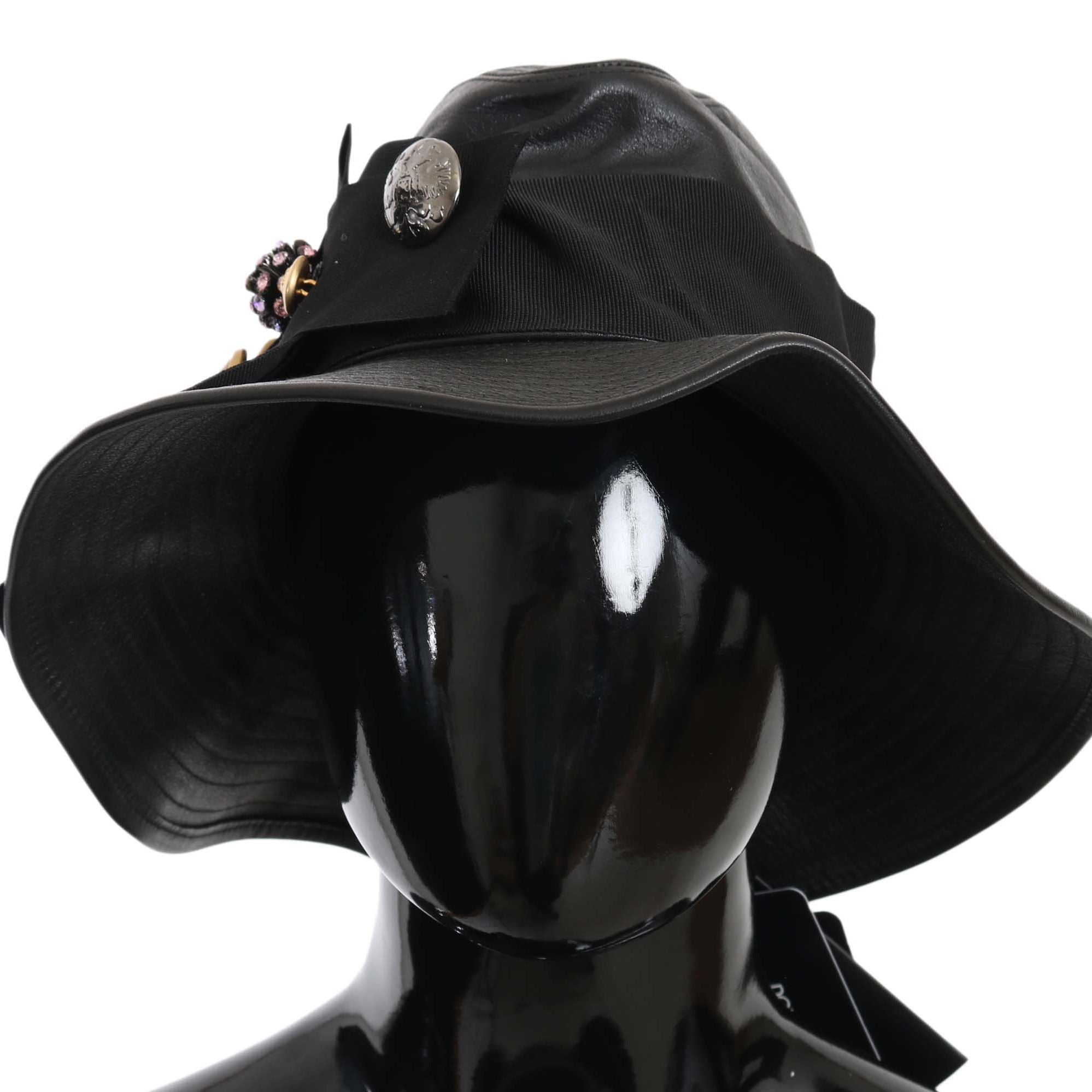 Dolce & Gabbana Black Leather DG Coin Crystal Wide Brim Hat