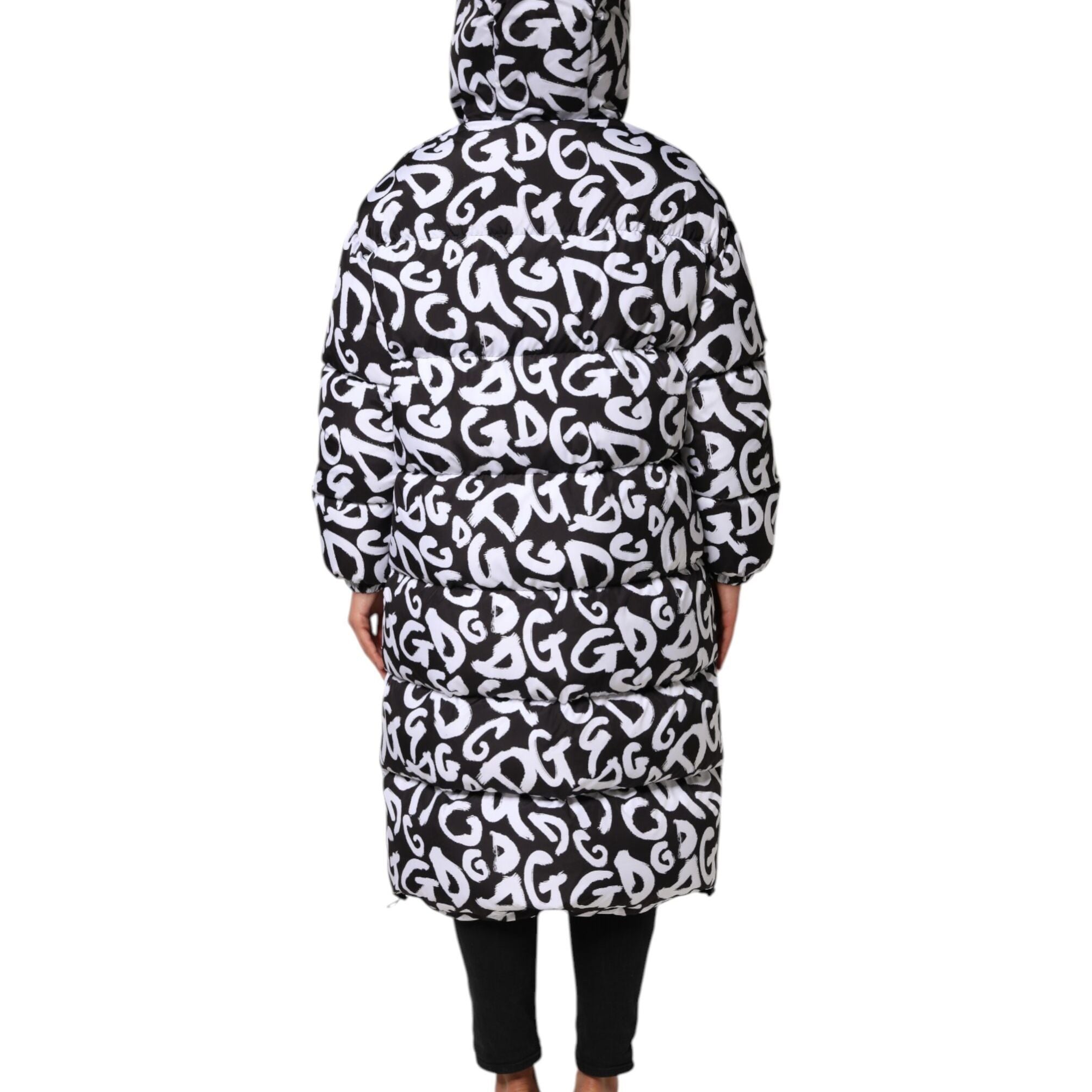 Dolce & Gabbana Black White DG Mania Hooded Long Coat Jacket