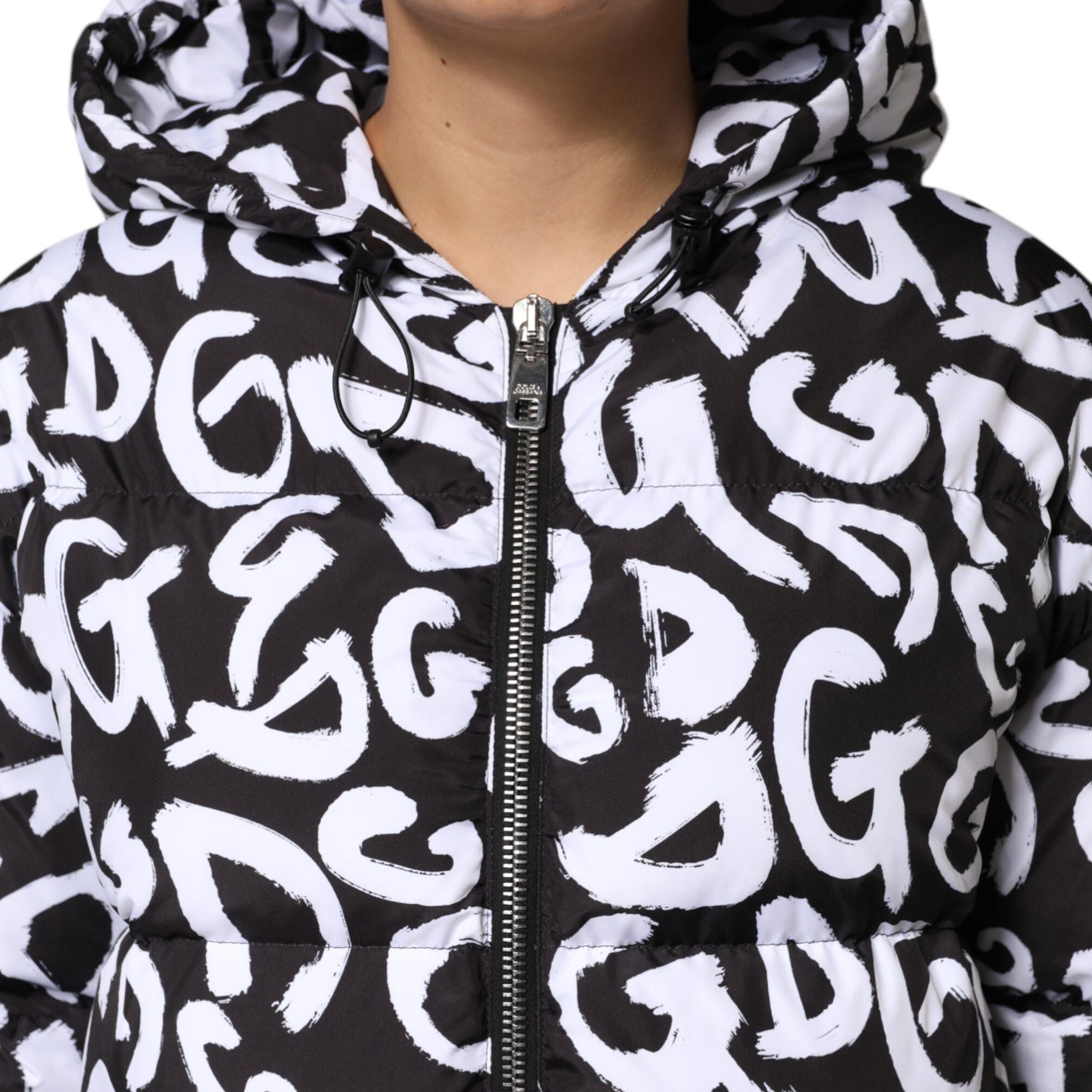 Dolce & Gabbana Black White DG Mania Hooded Long Coat Jacket