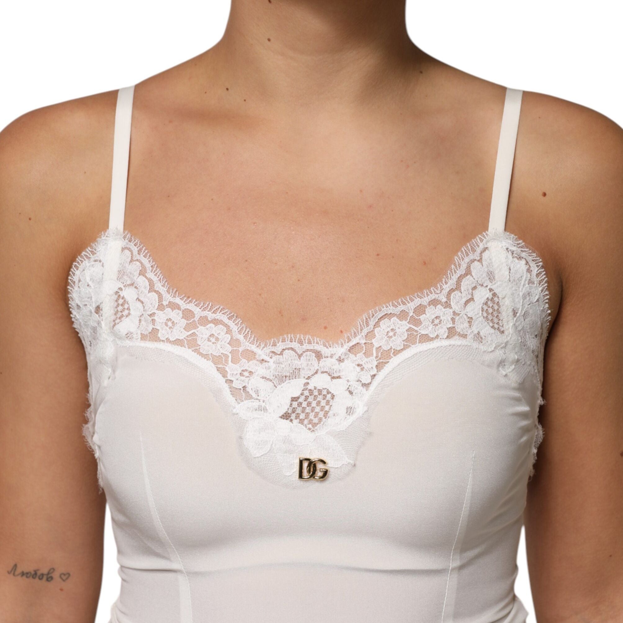 Dolce & Gabbana White Lace Gold DG Logo Silk Dress Sleepwear
