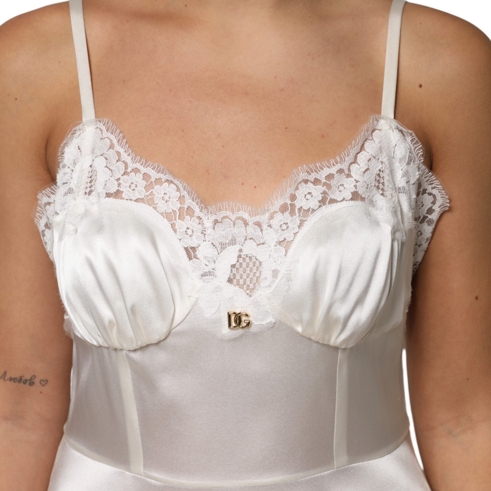 Dolce & Gabbana White Lace DG Logo Silk Dress Sleepwear