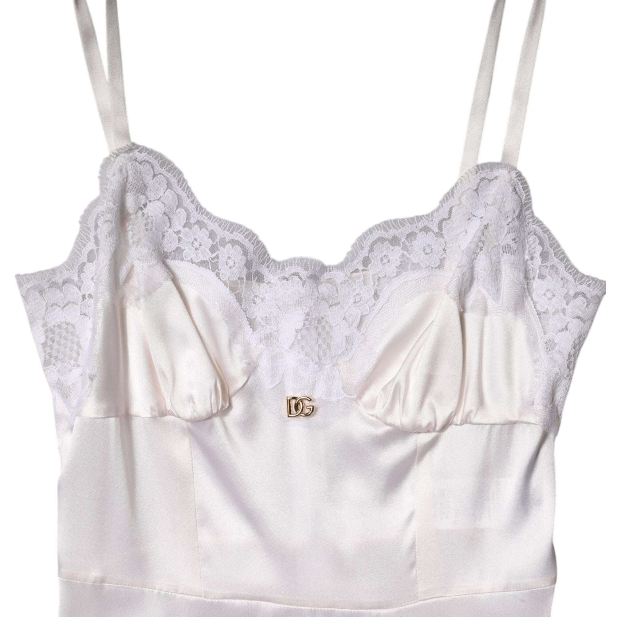 Dolce & Gabbana White Lace Gold DG Logo Silk Dress Sleepwear