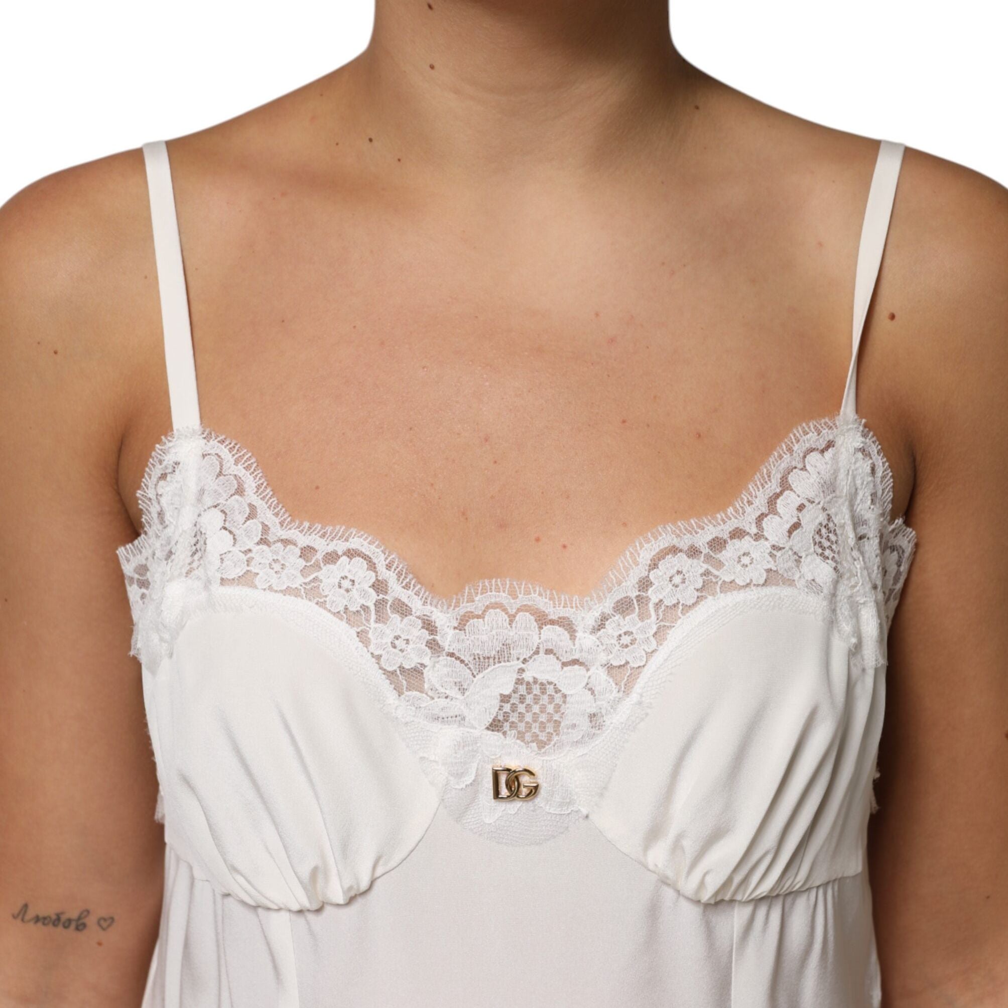 Dolce & Gabbana White Lace Gold DG Logo Silk Dress Sleepwear