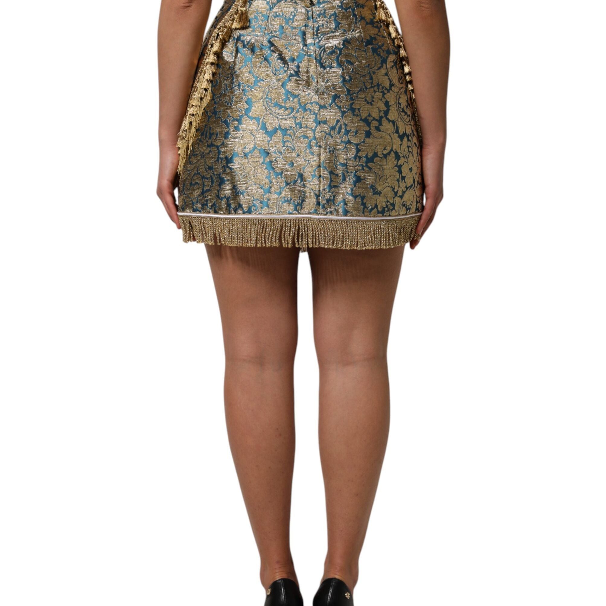 Dolce & Gabbana Blue Floral Jacquard Tasseled Mini Skirt