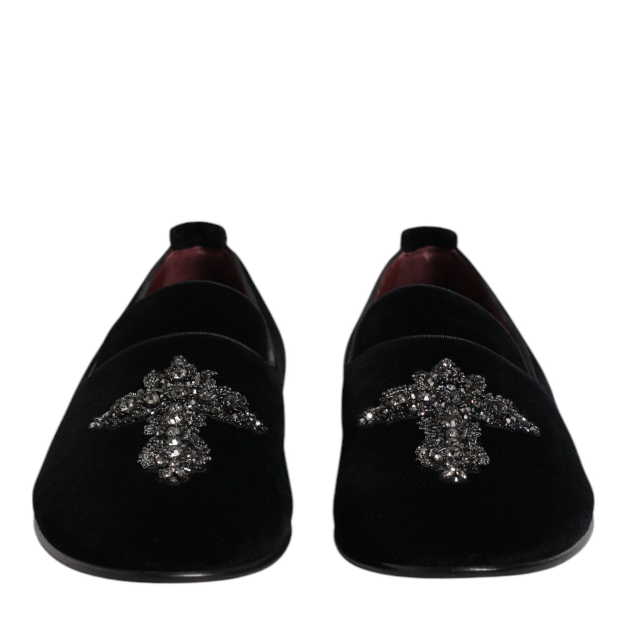 Dolce & Gabbana Black Velvet Embellished Loafer Slip On Shoes