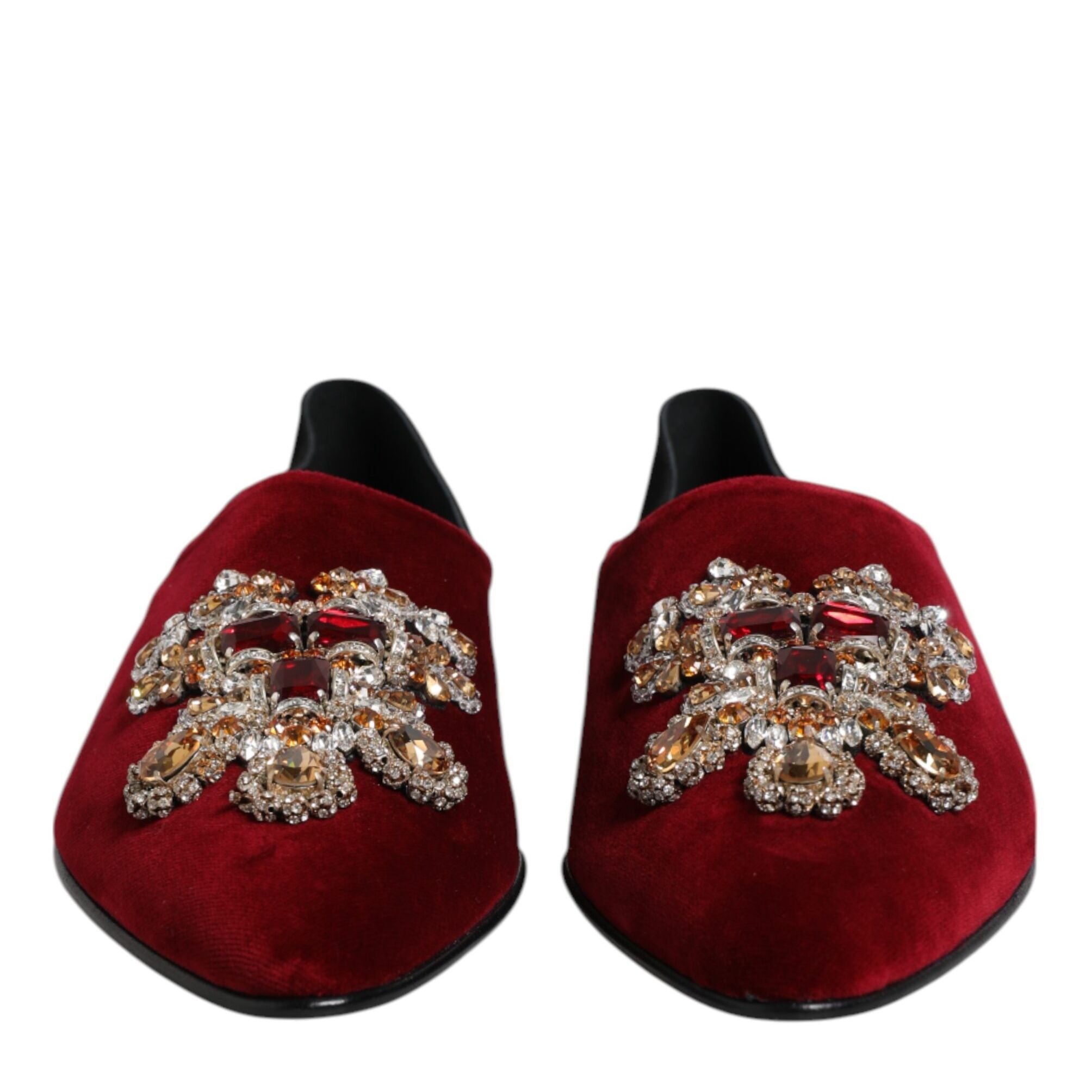 Dolce & Gabbana Black Red Velvet Embellished Slip On Shoes