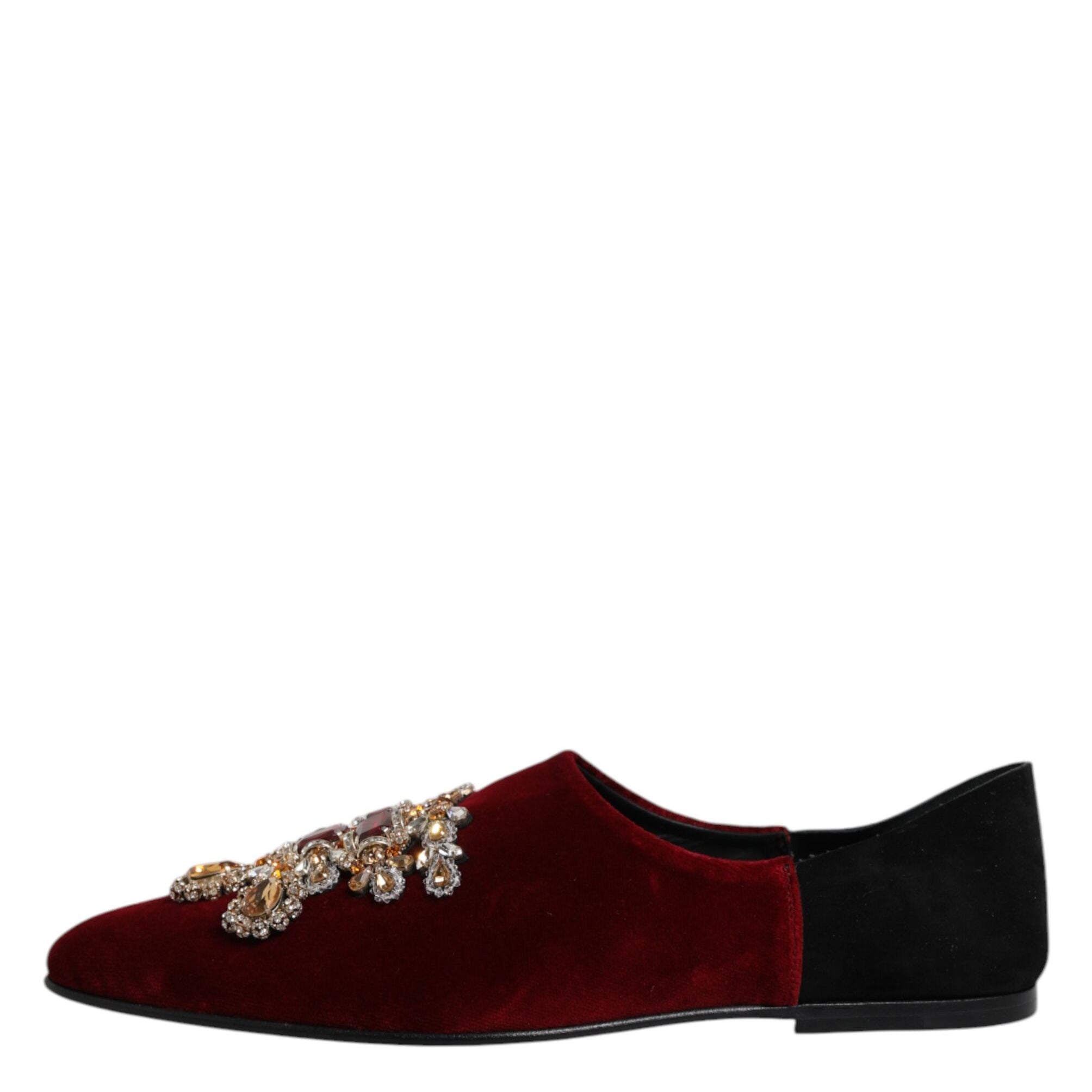 Dolce & Gabbana Black Red Velvet Embellished Slip On Shoes
