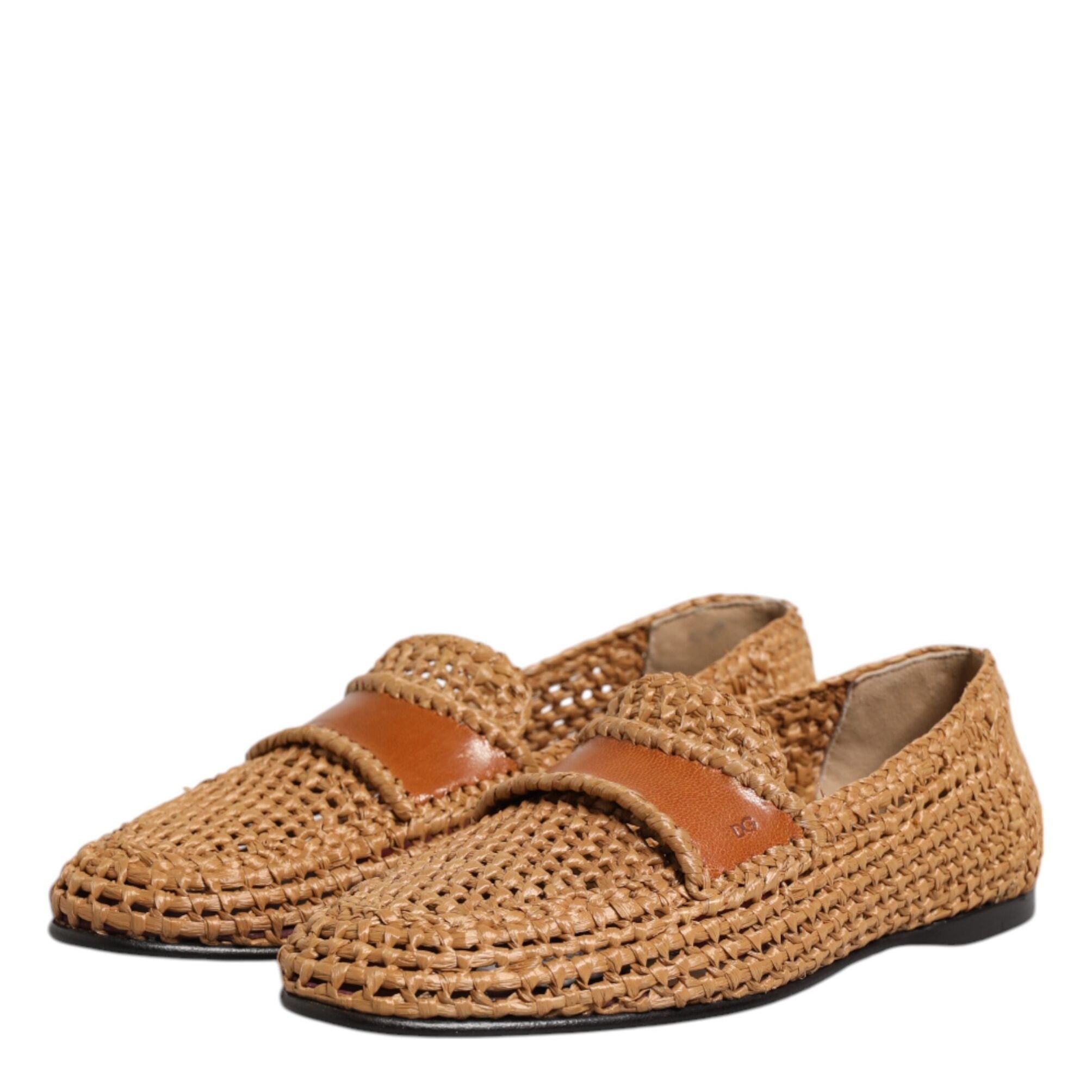 Dolce & Gabbana Brown Woven Raffia Slip On Loafers Shoes