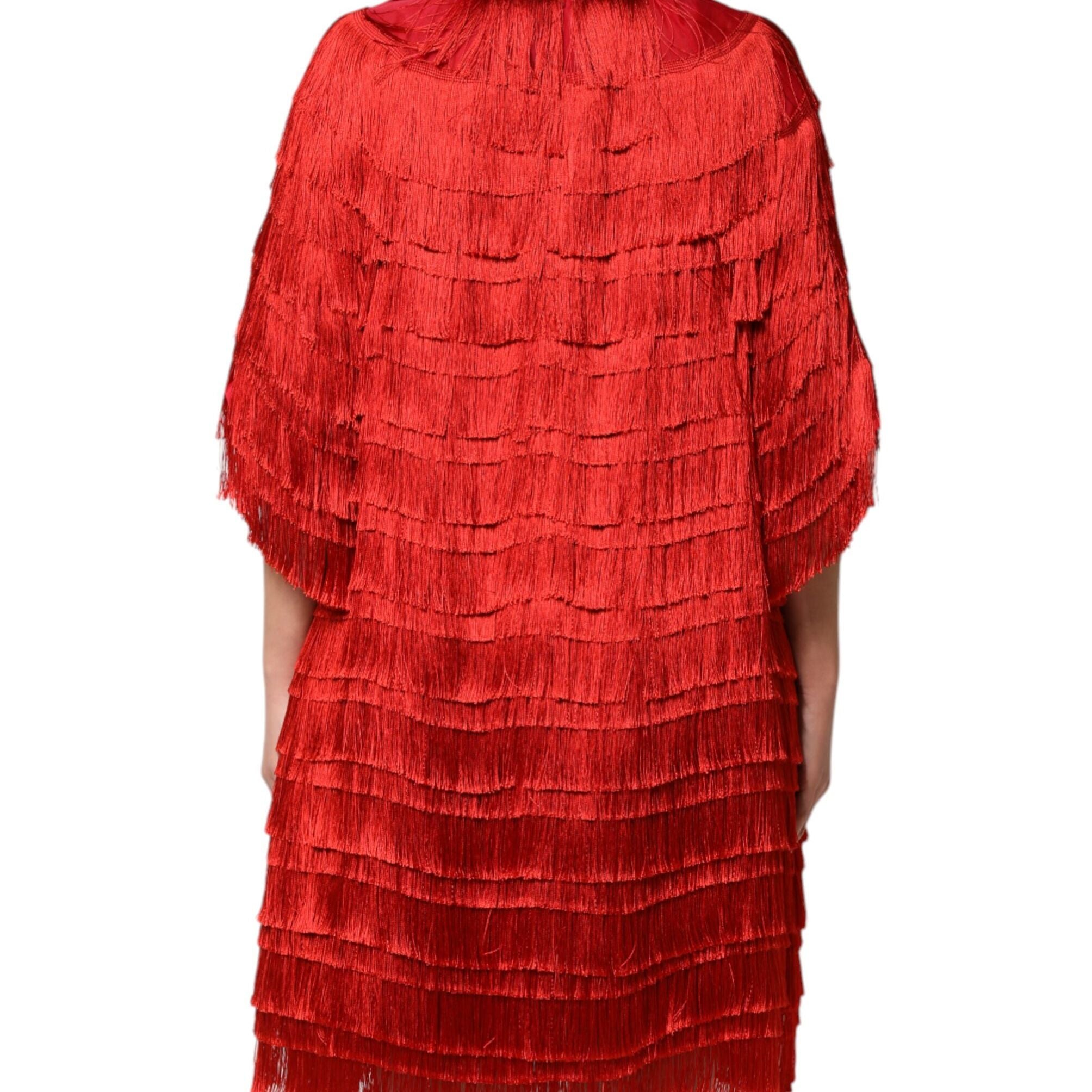 Dolce & Gabbana Red Silk Tiers Fringe Shift Knee Length Dress