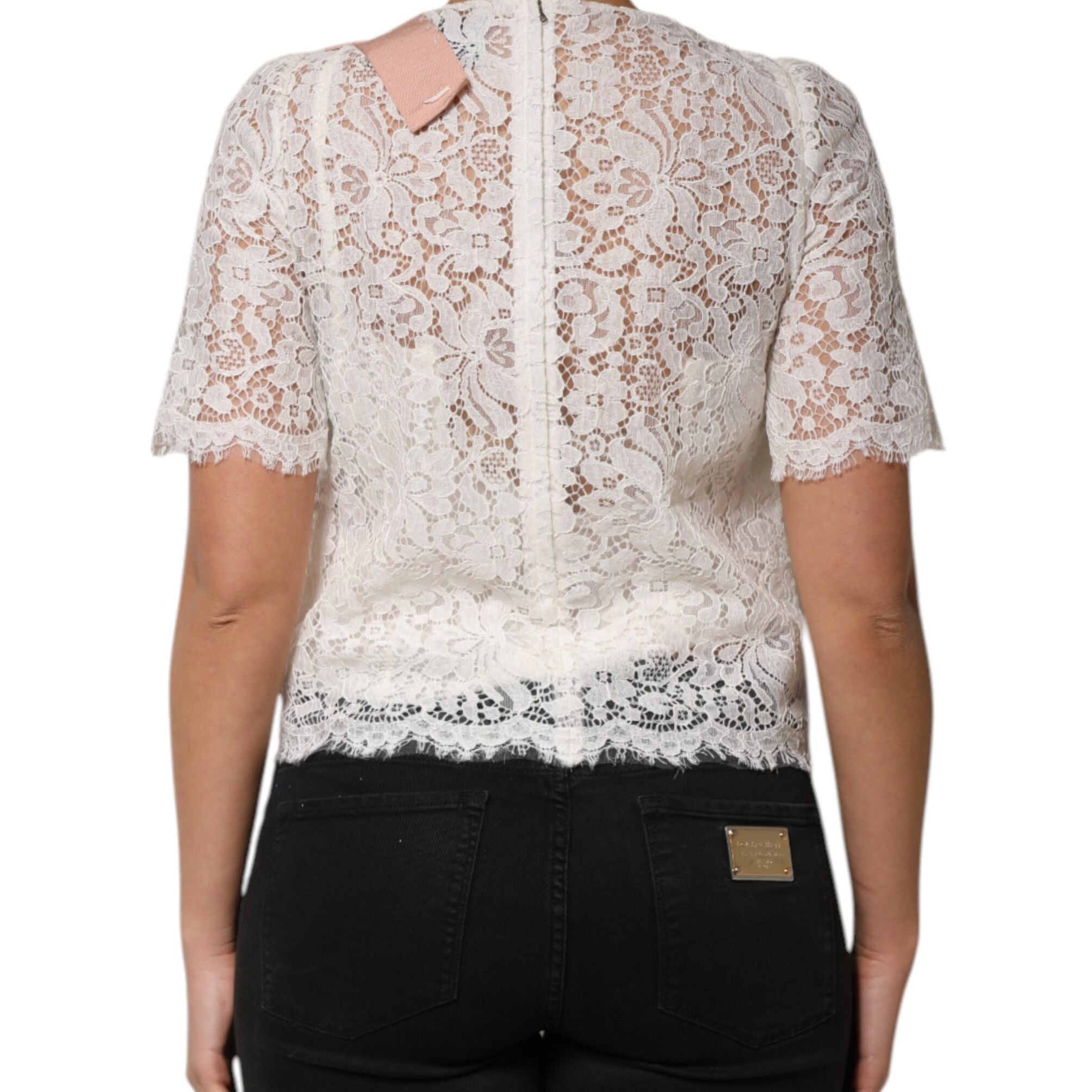 Dolce & Gabbana White Floral Lace Short Sleeves Blouse Top