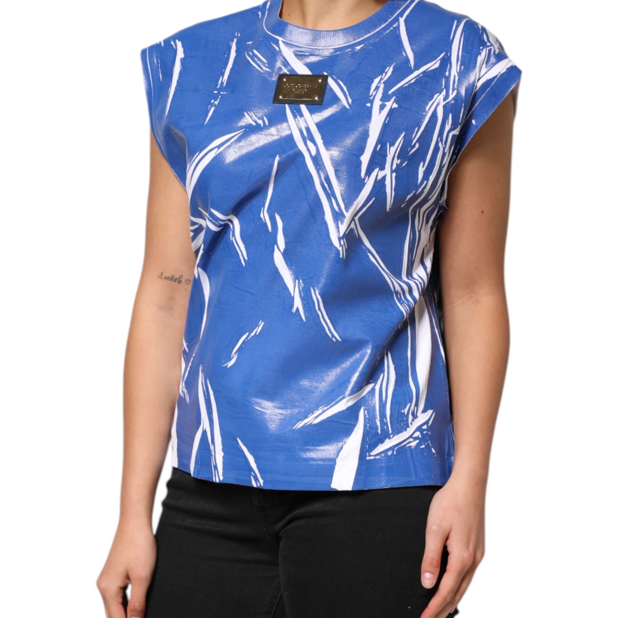 Dolce & Gabbana Blue White Cotton Logo Plaque Women Tank Top