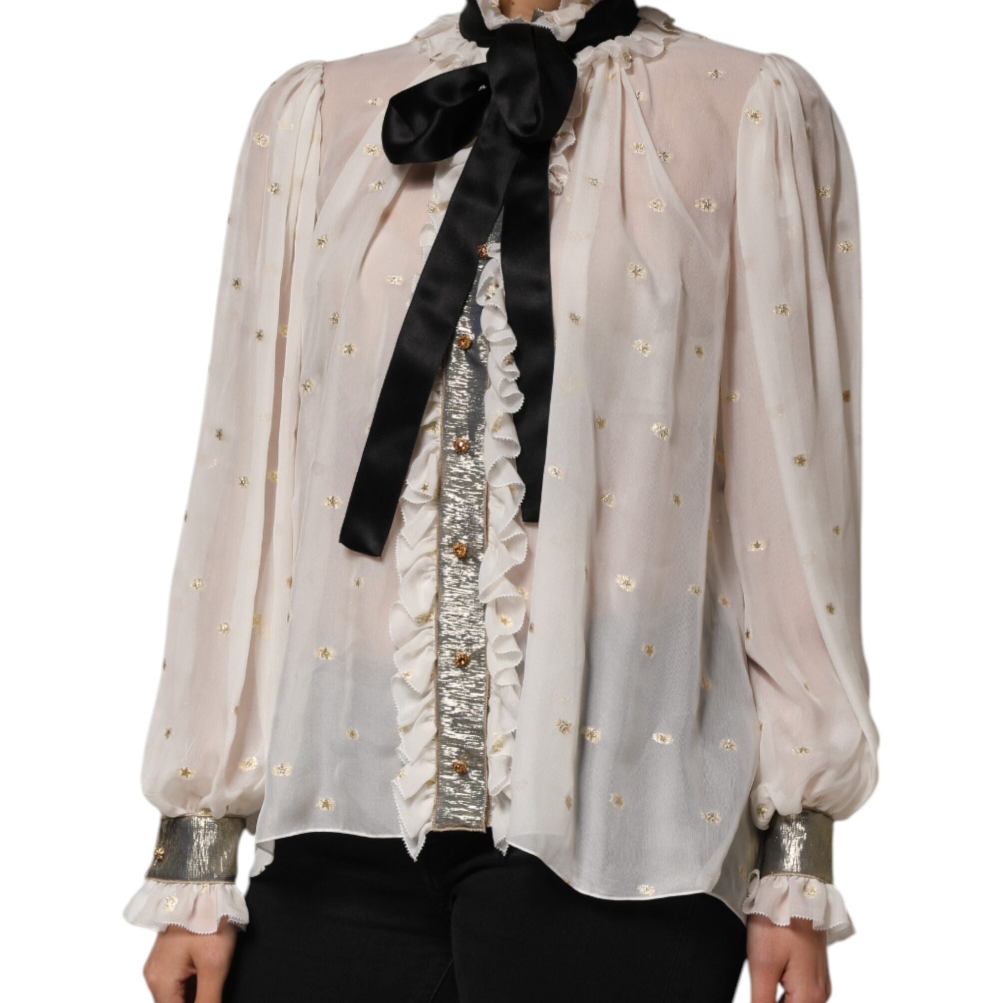 Dolce & Gabbana White Black Silk Long Sleeve Ascot Collar Top