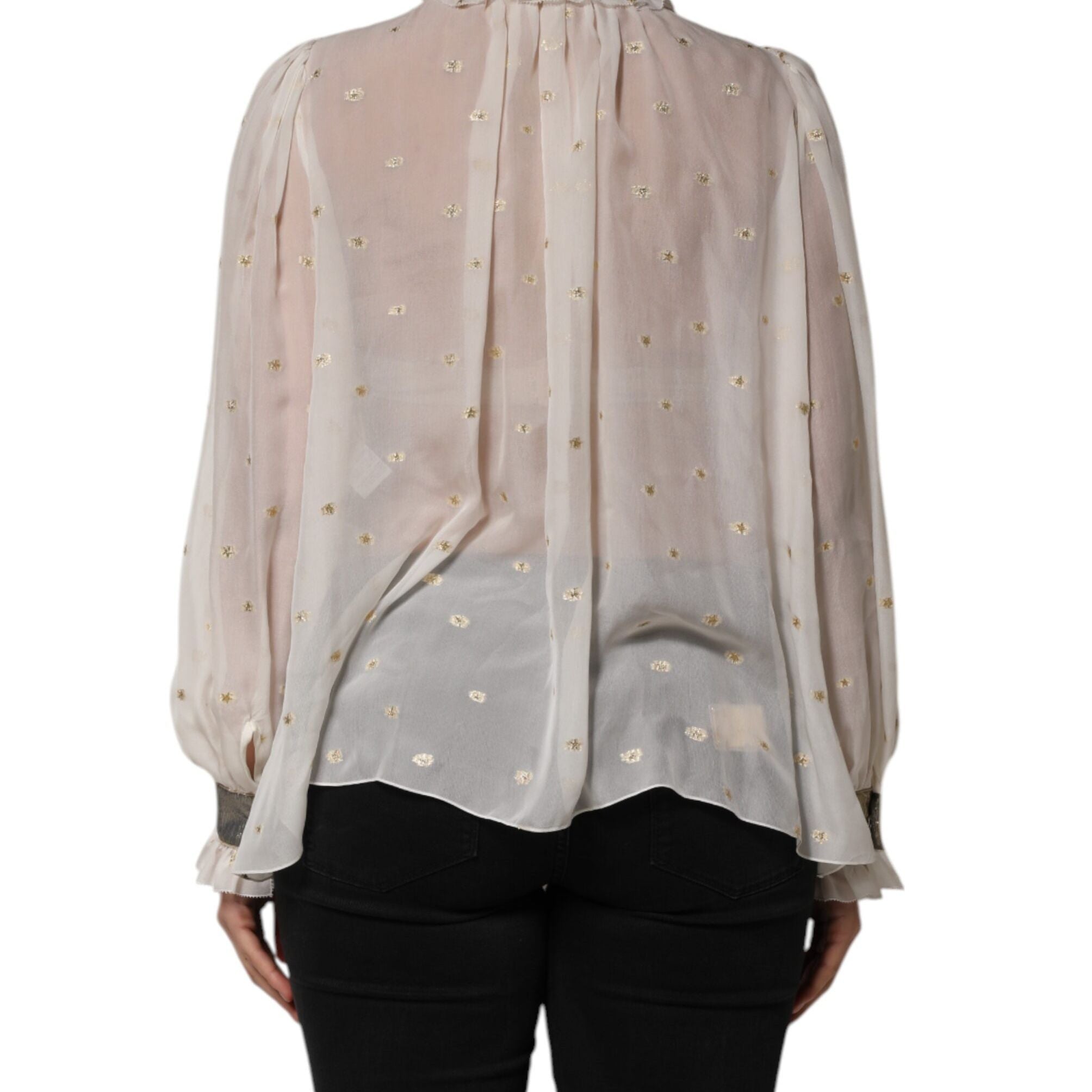 Dolce & Gabbana White Black Silk Long Sleeve Ascot Collar Top