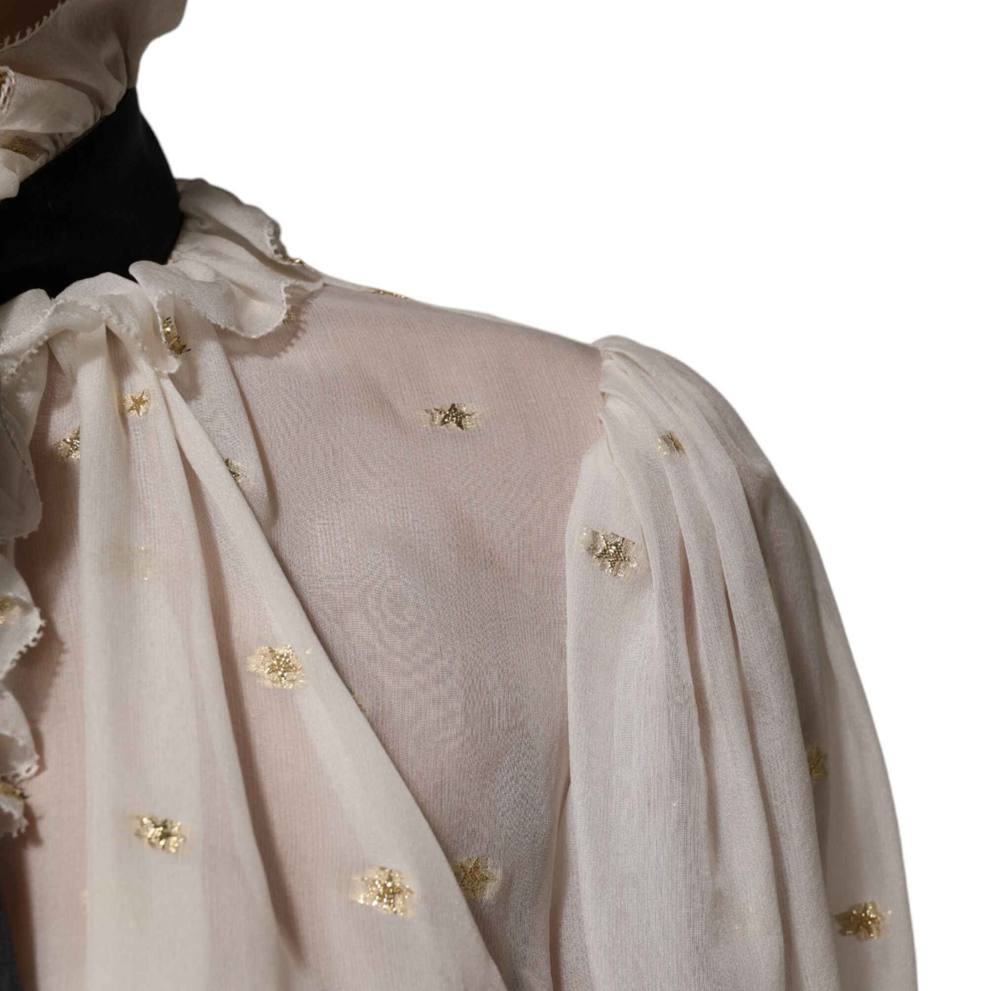 Dolce & Gabbana White Black Silk Long Sleeve Ascot Collar Top