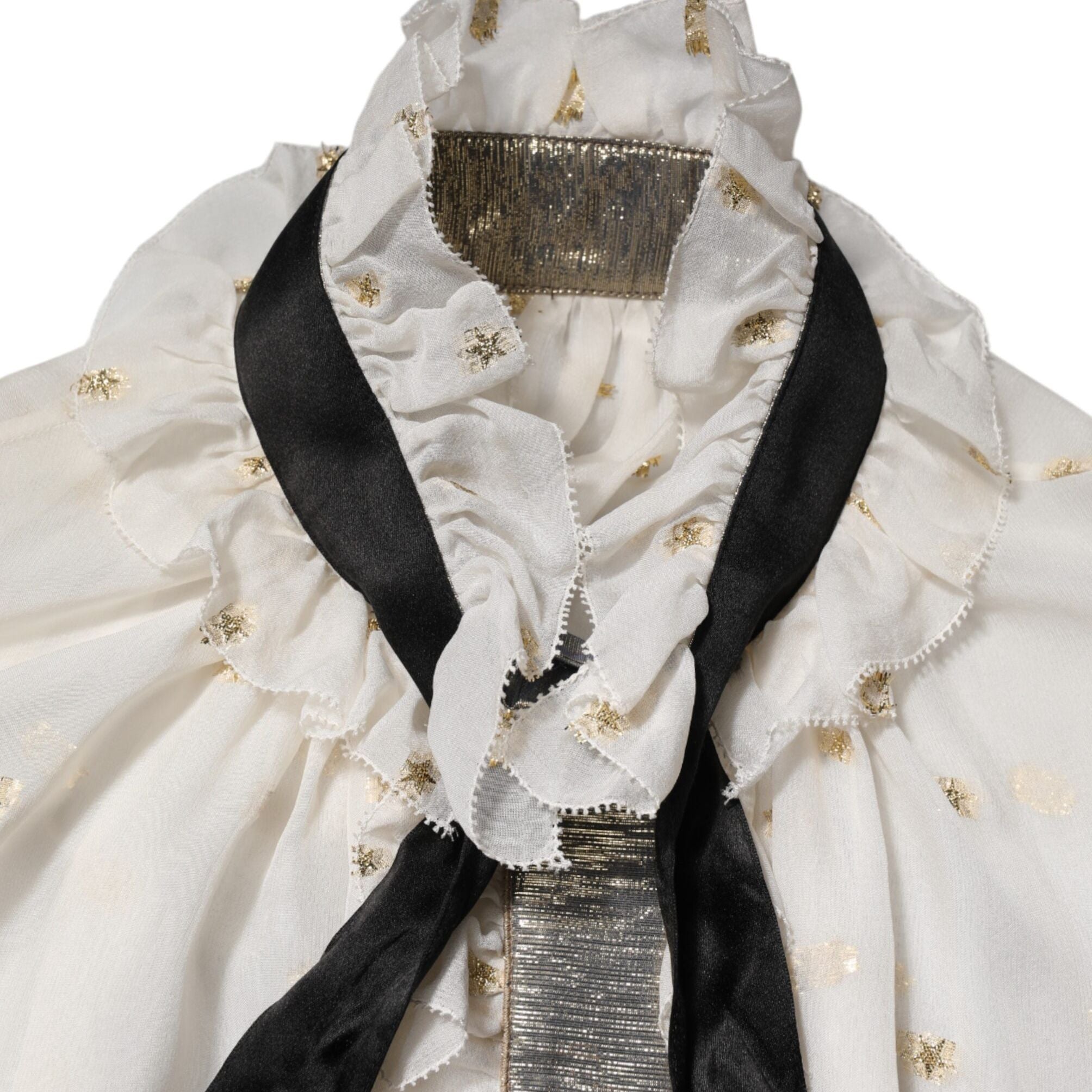 Dolce & Gabbana White Black Silk Long Sleeve Ascot Collar Top