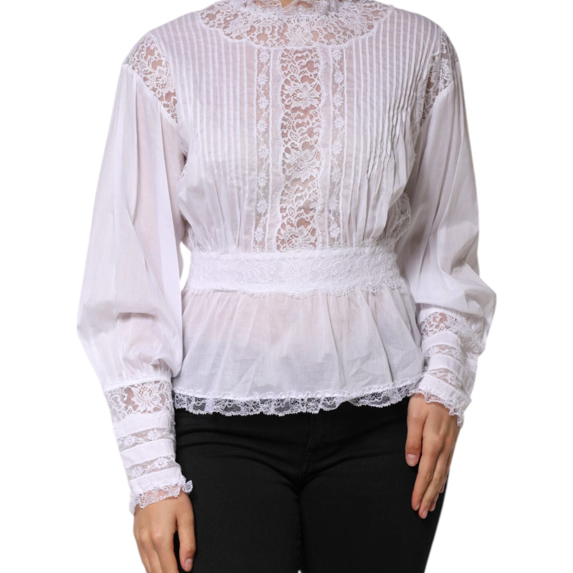 Dolce & Gabbana White Cotton Floral Lace Long Sleeves Top