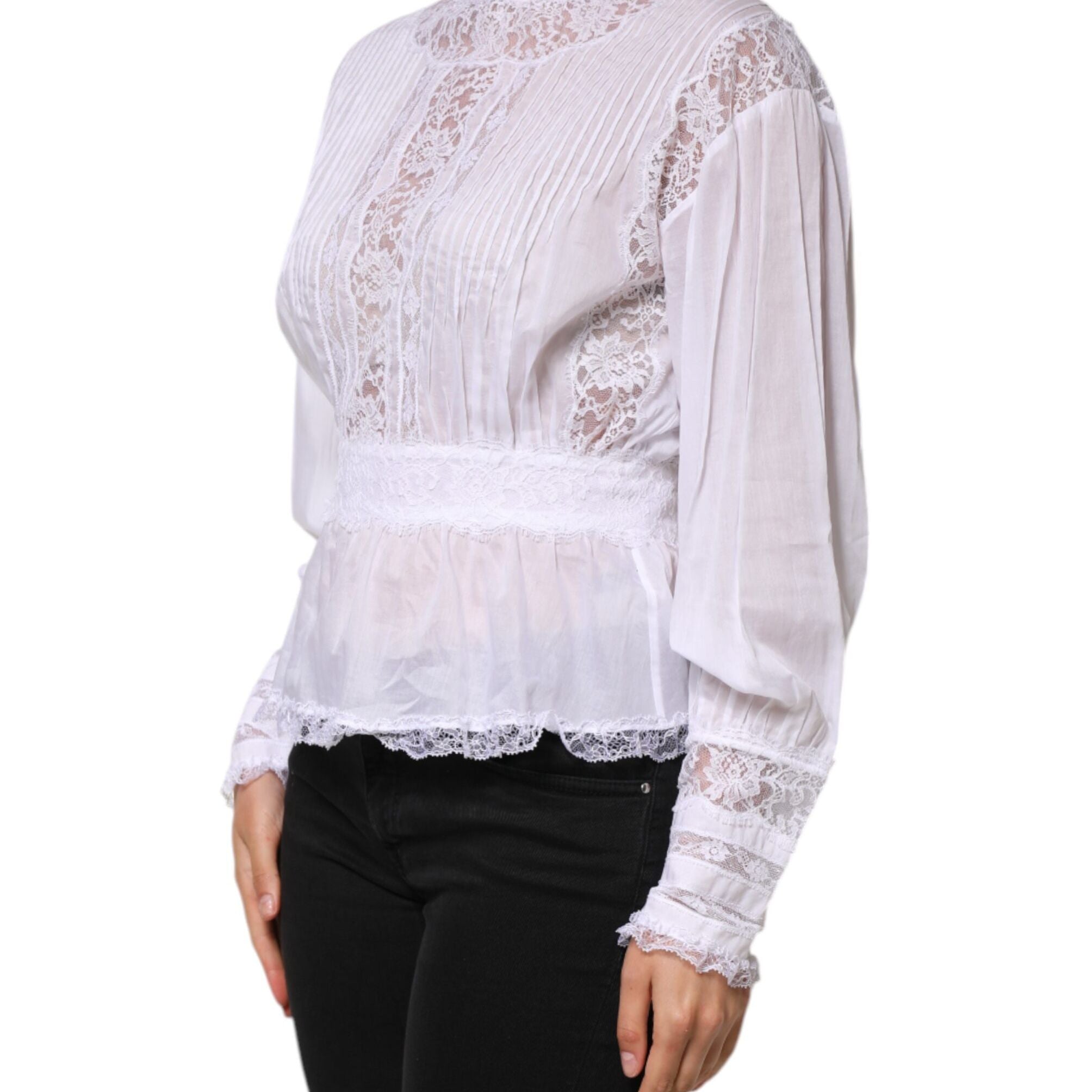 Dolce & Gabbana White Cotton Floral Lace Long Sleeves Top