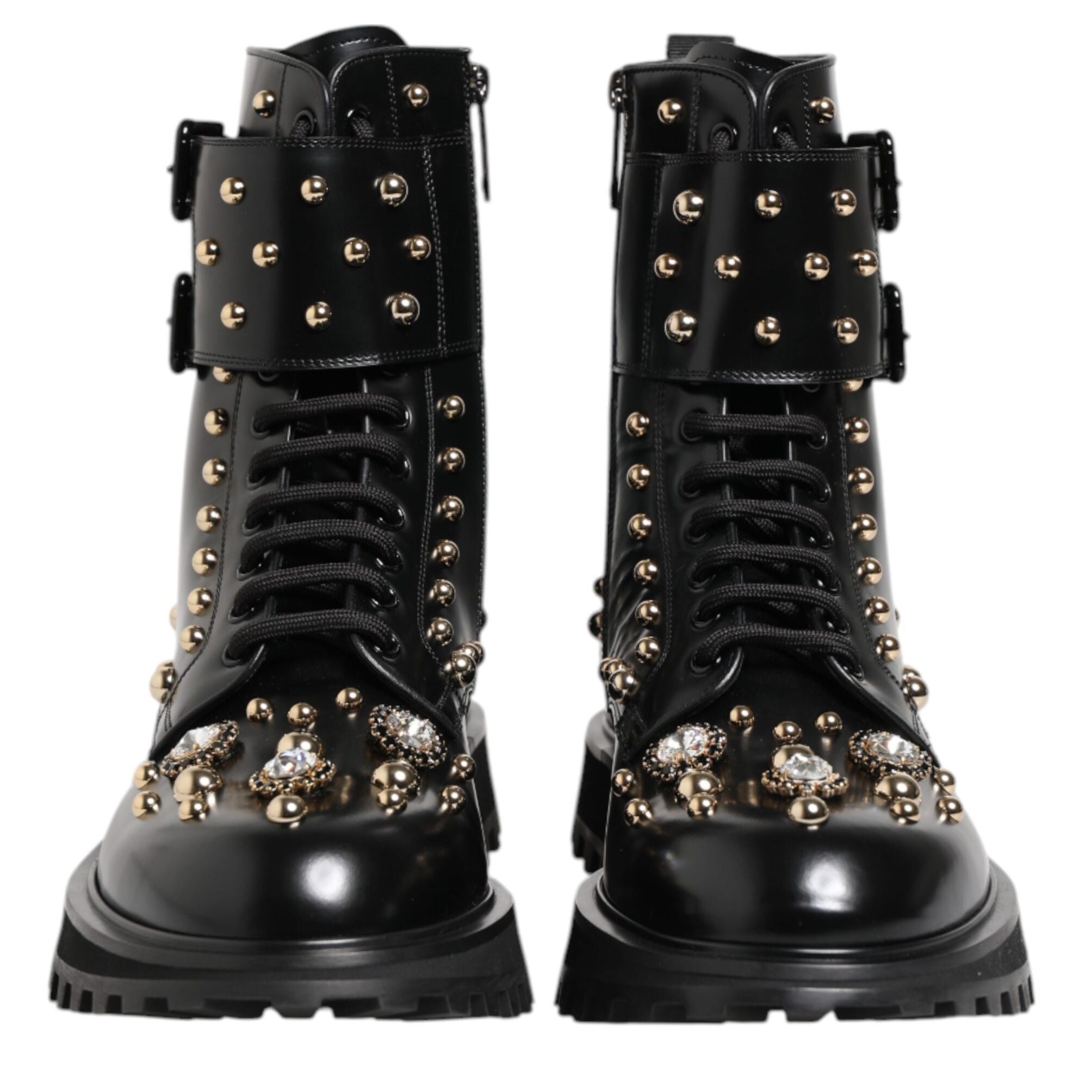 Dolce & Gabbana Black Studded Lace Up Mid Calf Boots Shoes