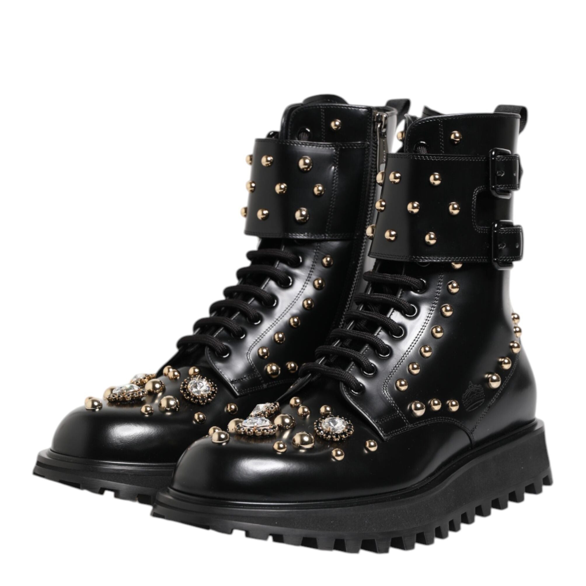 Dolce & Gabbana Black Studded Lace Up Mid Calf Boots Shoes