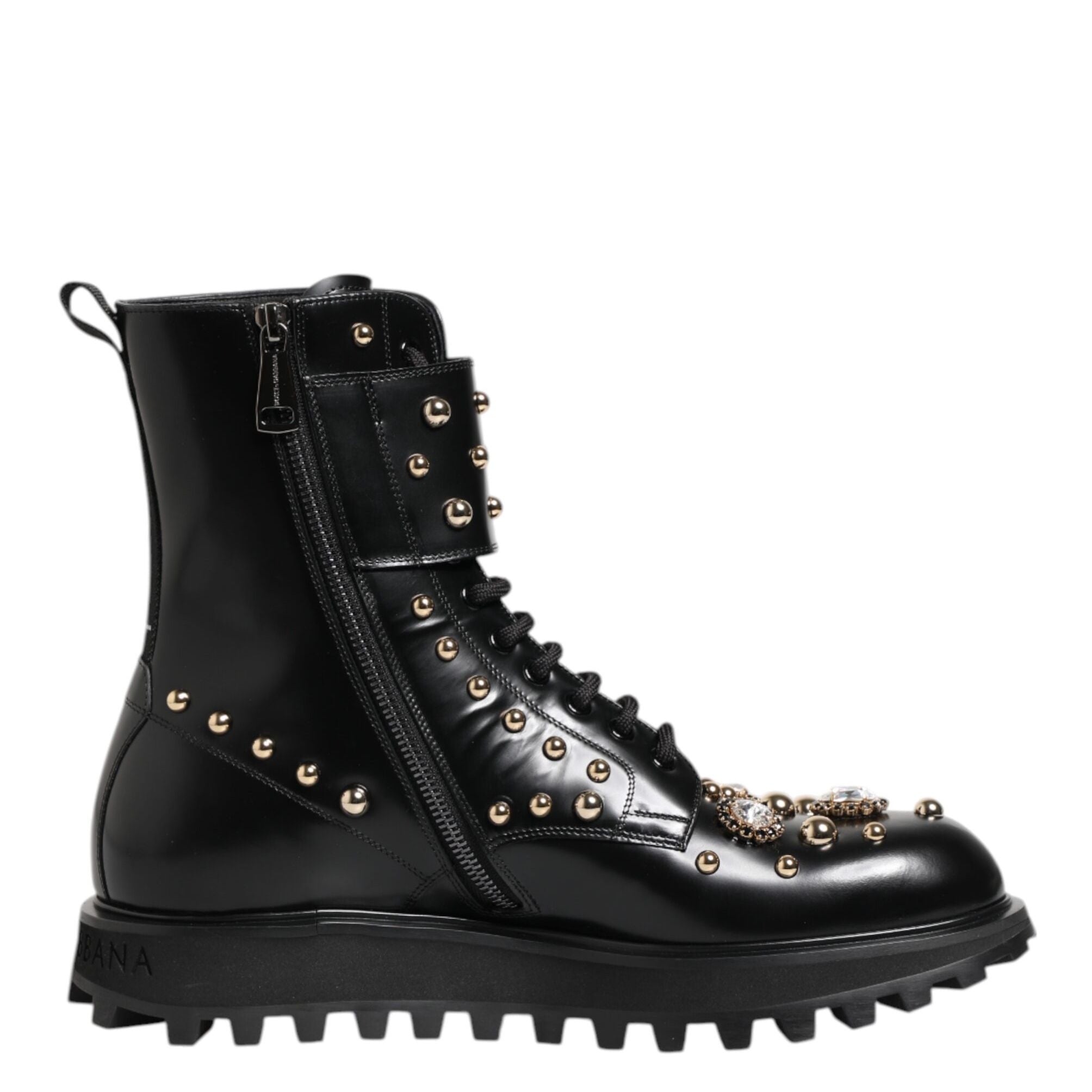 Dolce & Gabbana Black Studded Lace Up Mid Calf Boots Shoes