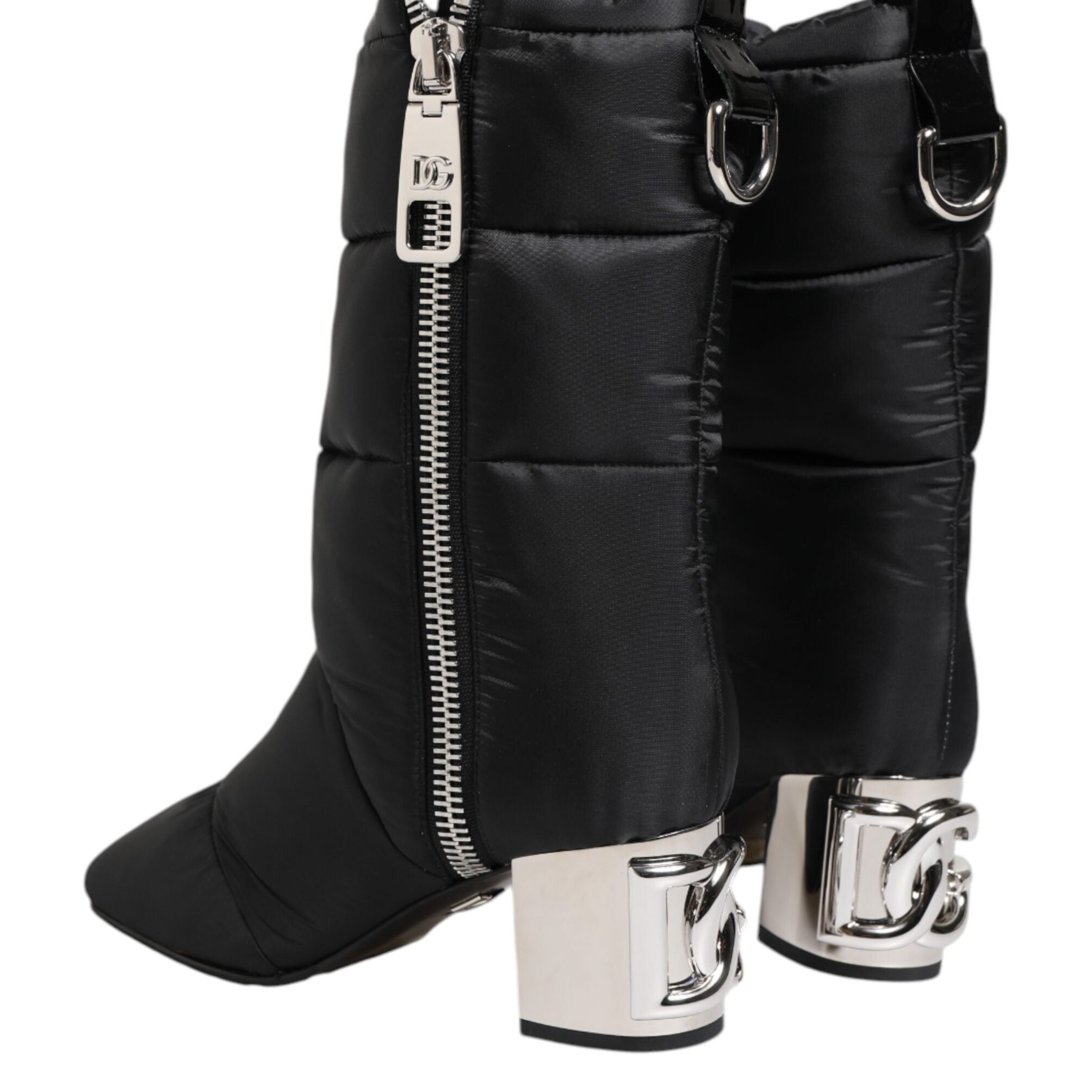 Dolce & Gabbana Black Padded Mid Calf Logo Heel Boots Shoes