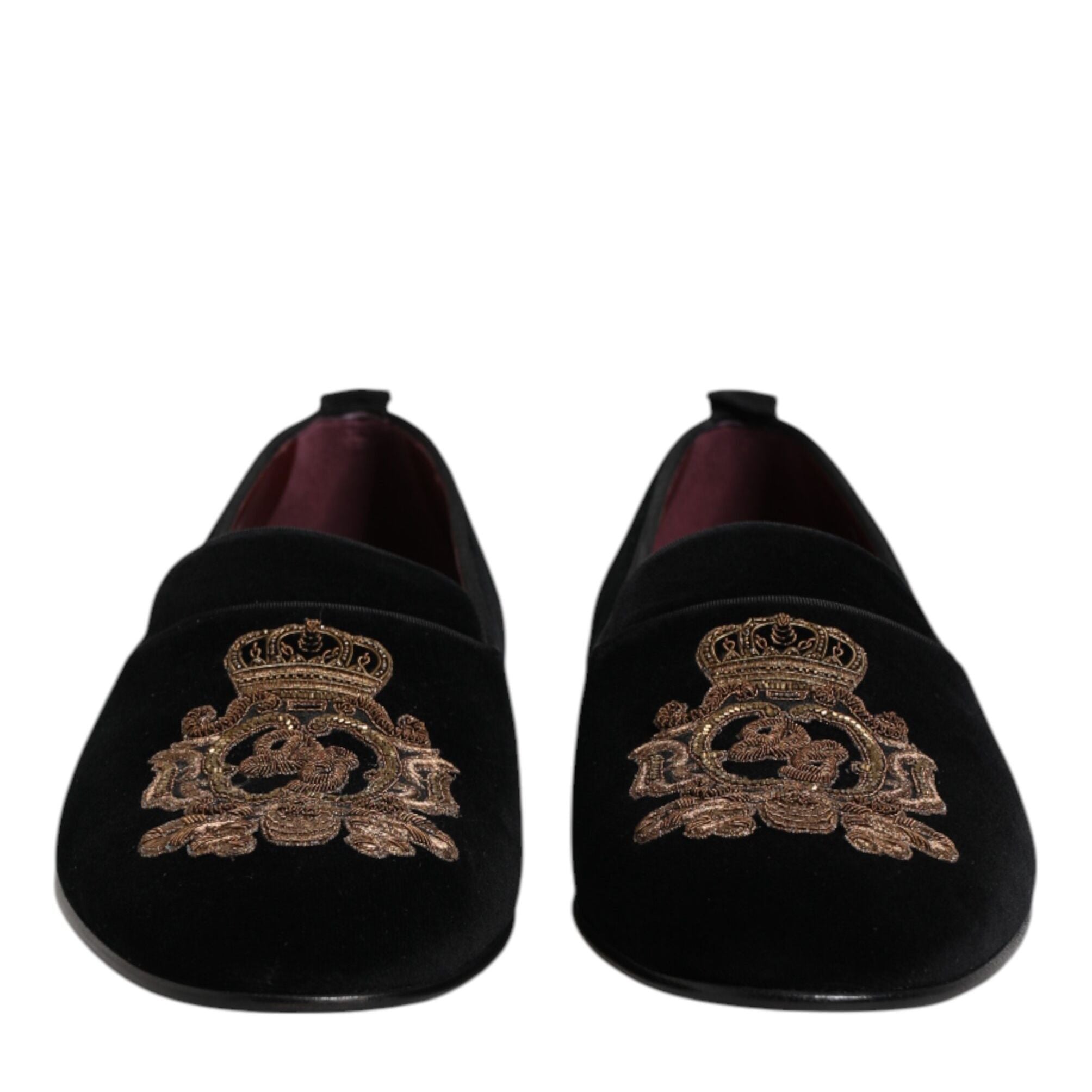 Dolce & Gabbana Black Velvet Gold Crown Mens Loafers Shoes