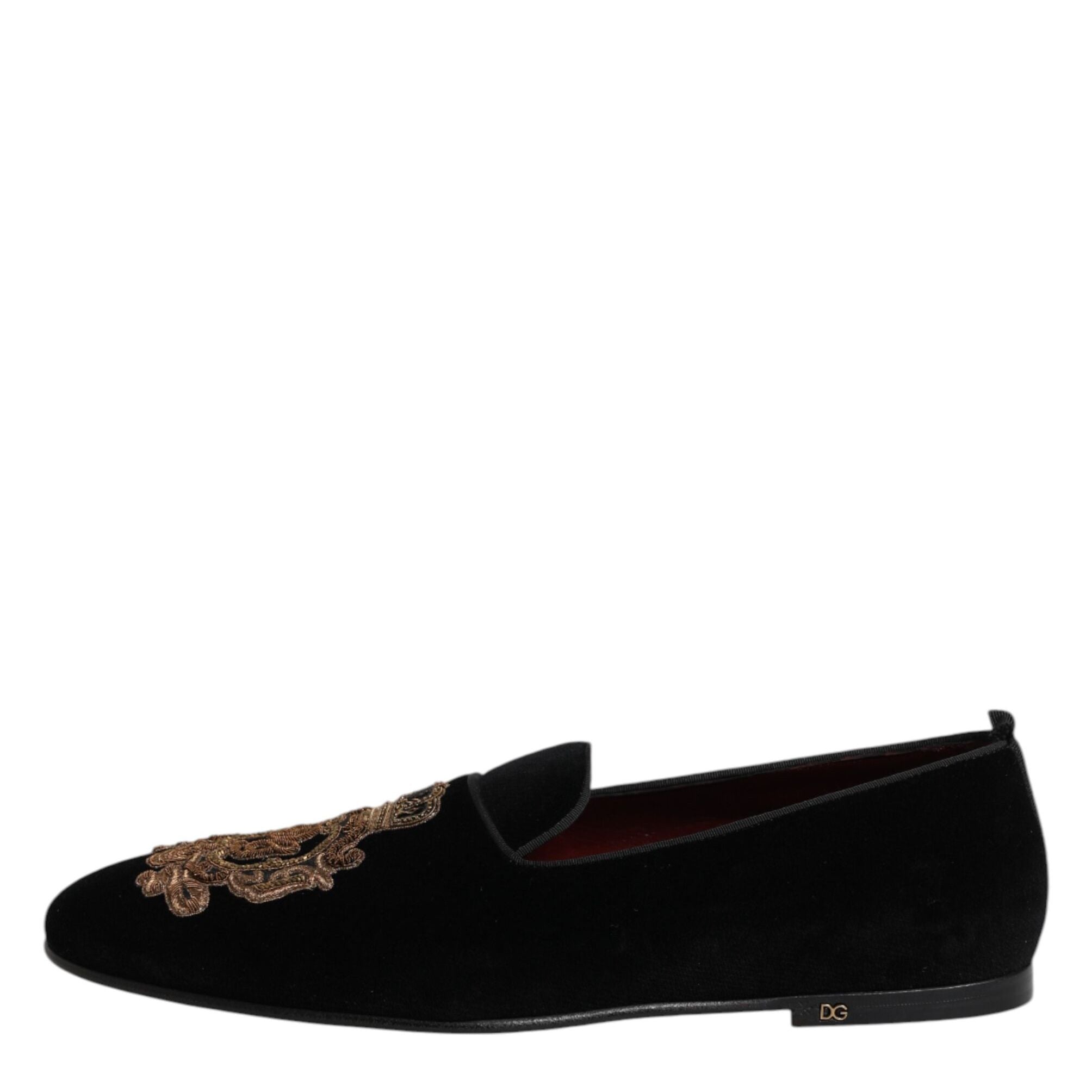 Dolce & Gabbana Black Velvet Gold Crown Mens Loafers Shoes
