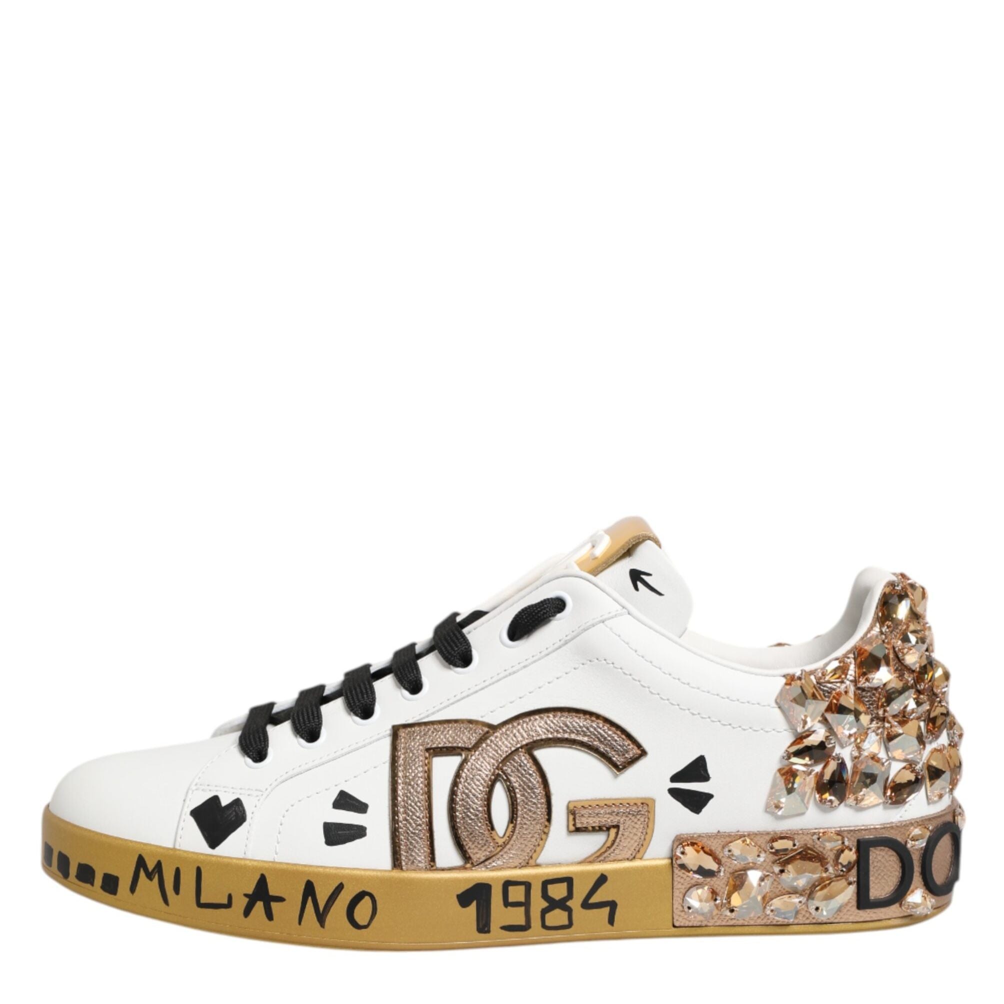 Dolce & Gabbana White Gold Crystal Portofino Sneakers Shoes