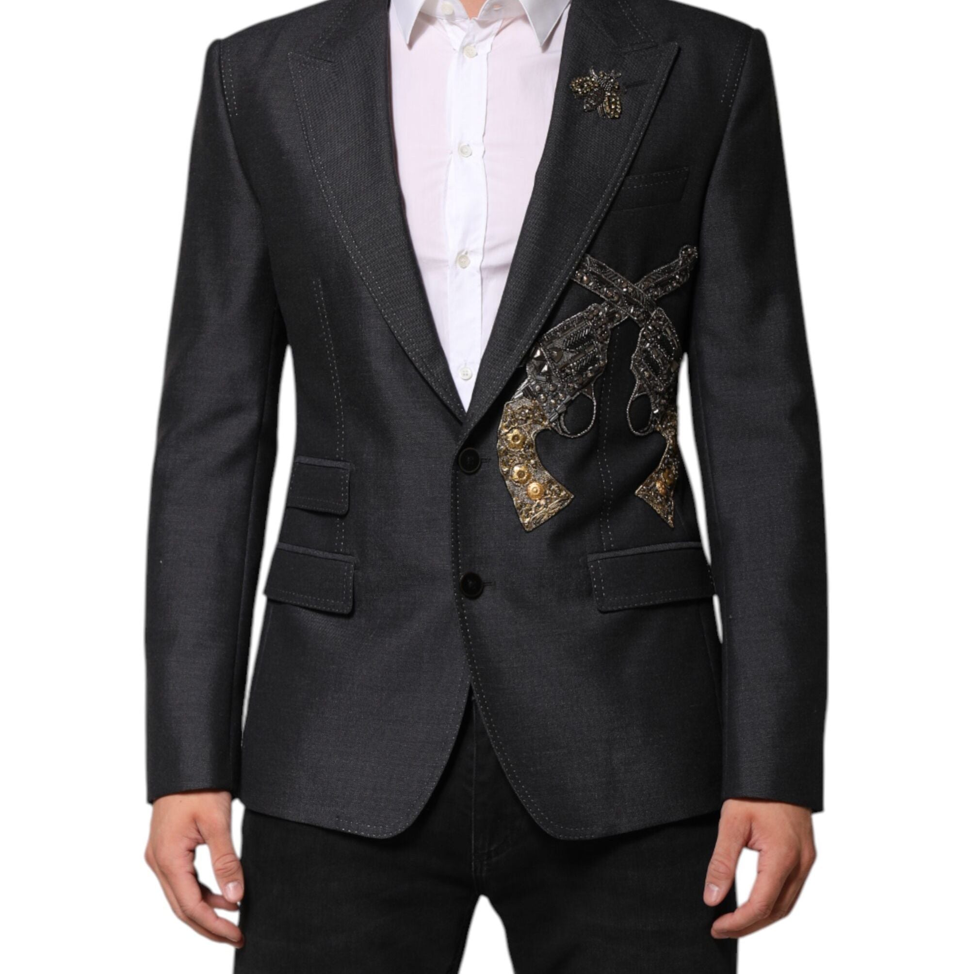 Dolce & Gabbana Dark Gray Bee Embroidery Wool Coat Blazer