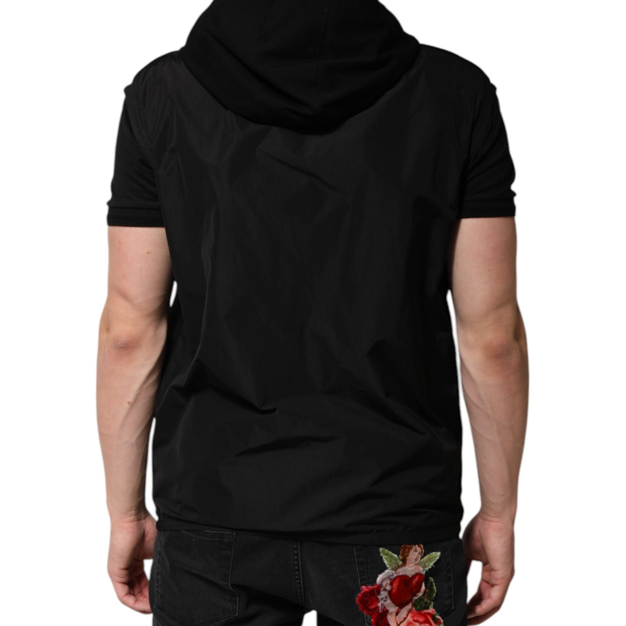 Dolce & Gabbana Black Sleeveless Hooded Logo Plaque Jacket