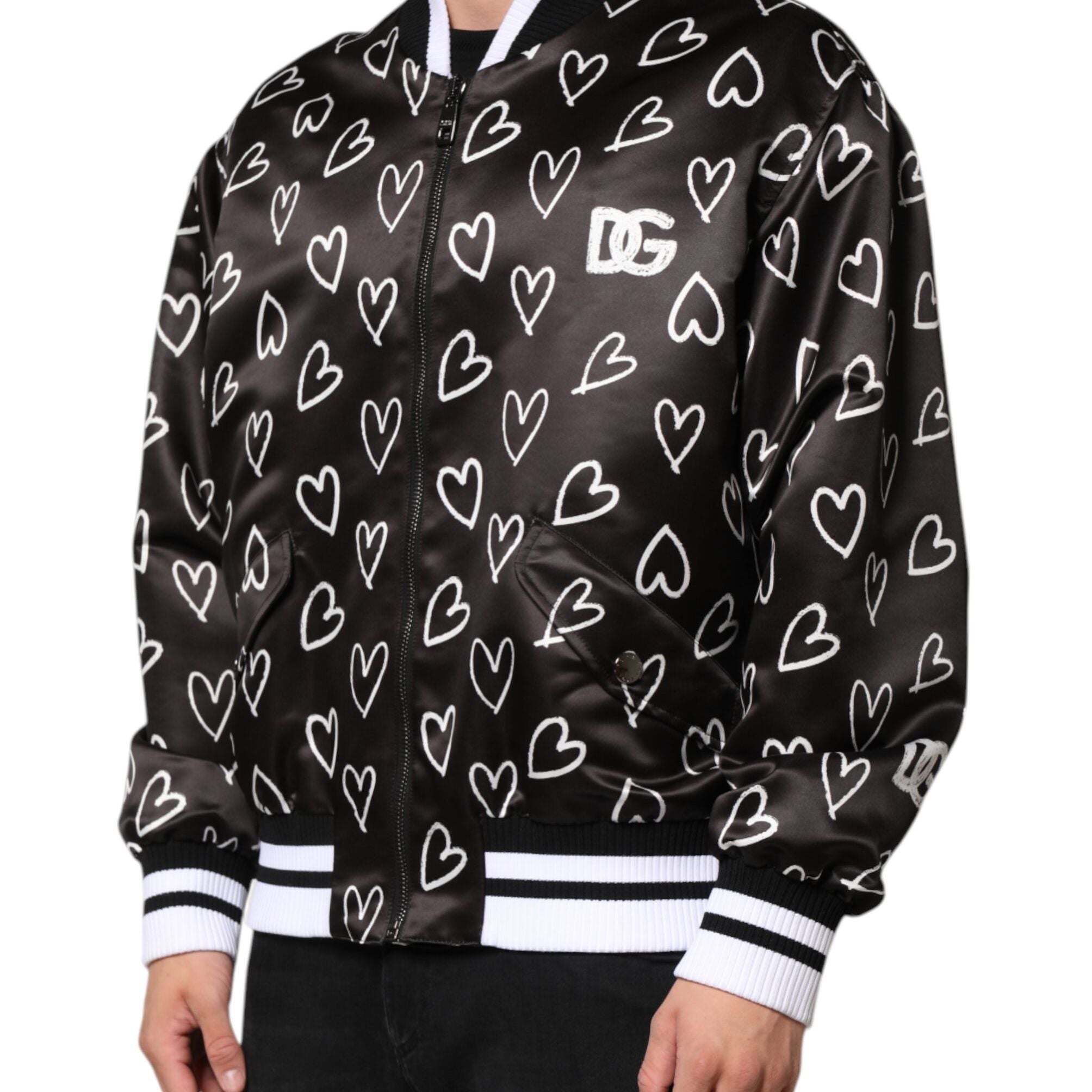 Dolce & Gabbana Black Polyester Heart Print Bomber Jacket
