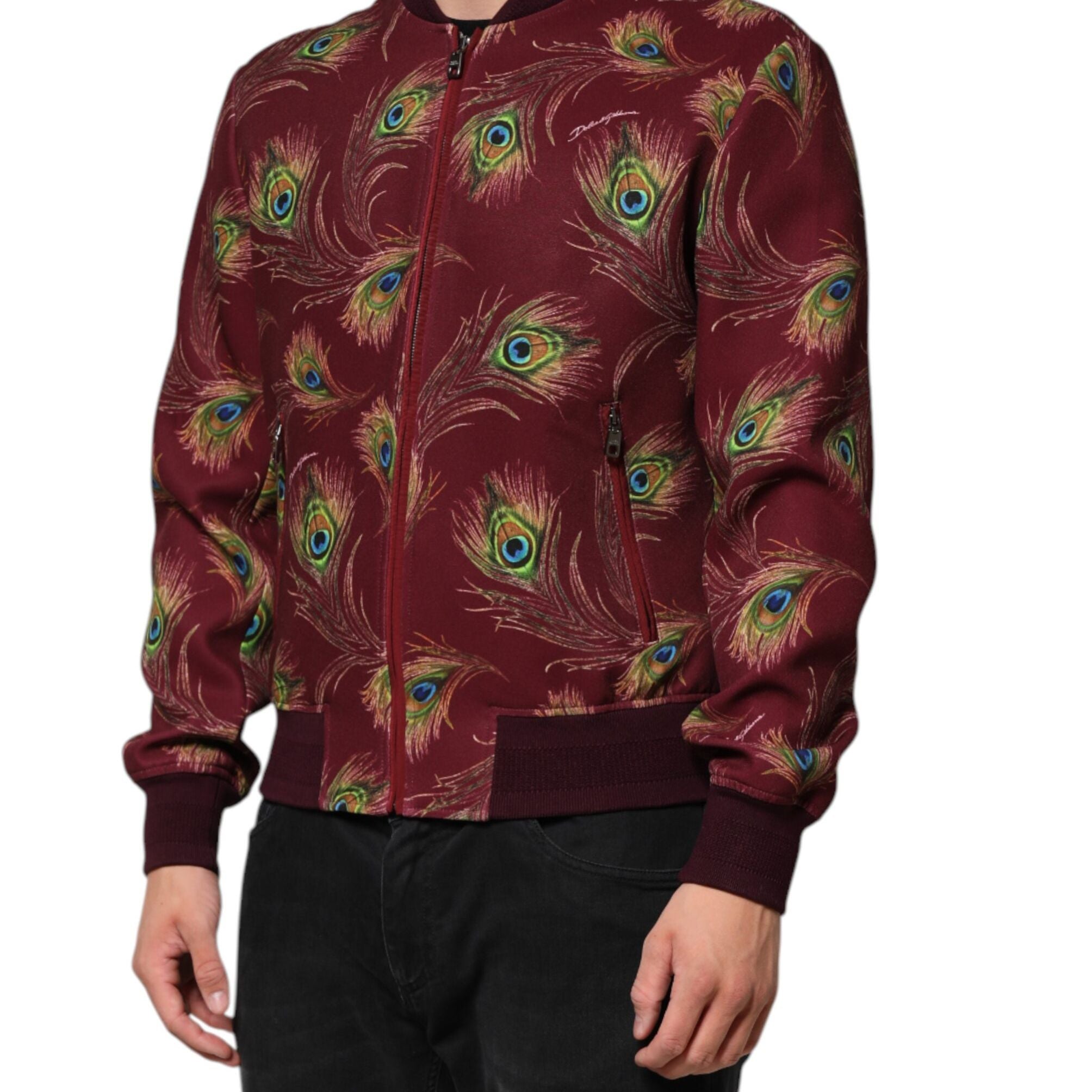 Dolce & Gabbana Maroon Peacock Feather Print Bomber Jacket