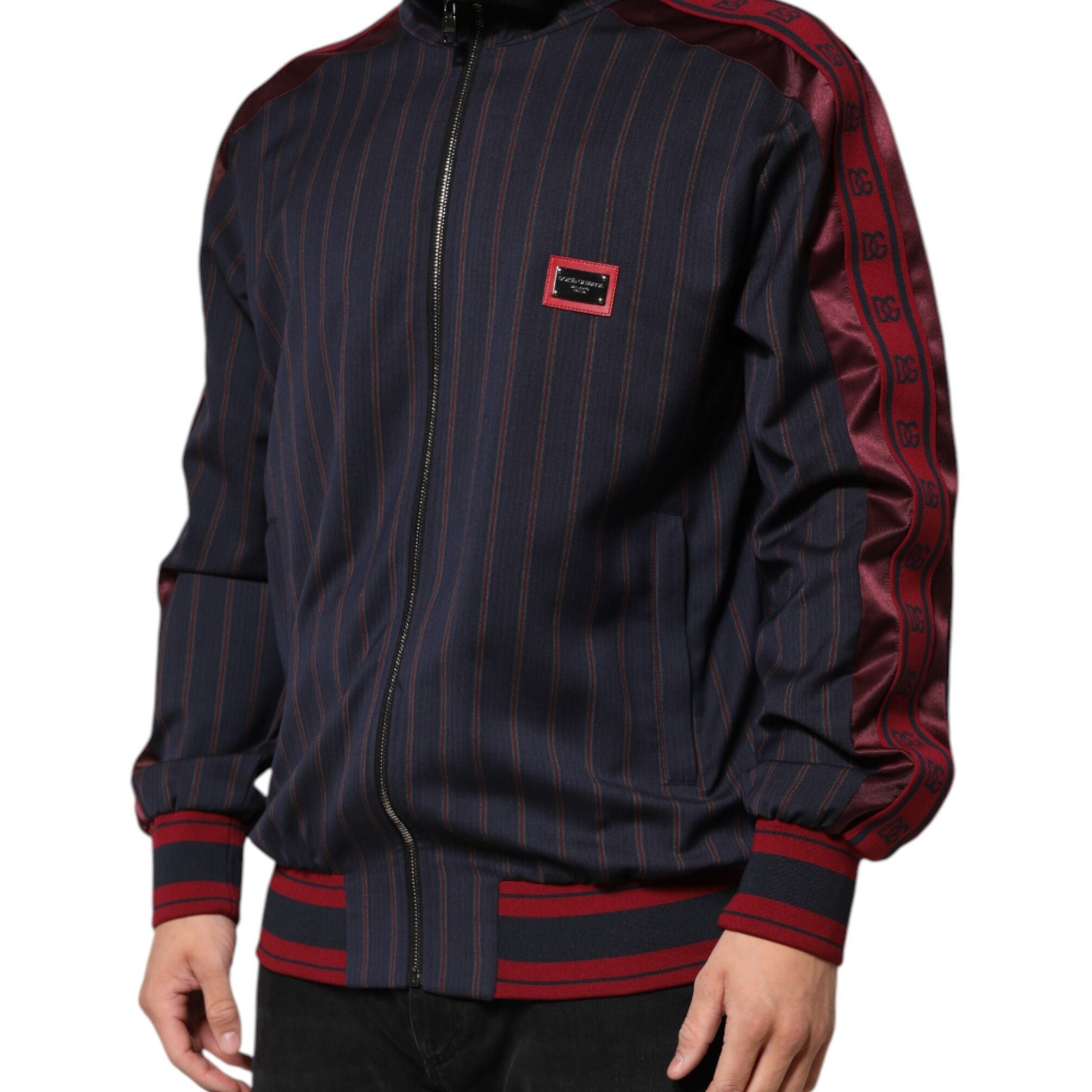 Dolce & Gabbana Blue Red Striped Logo Plaque Full Zip Jacket