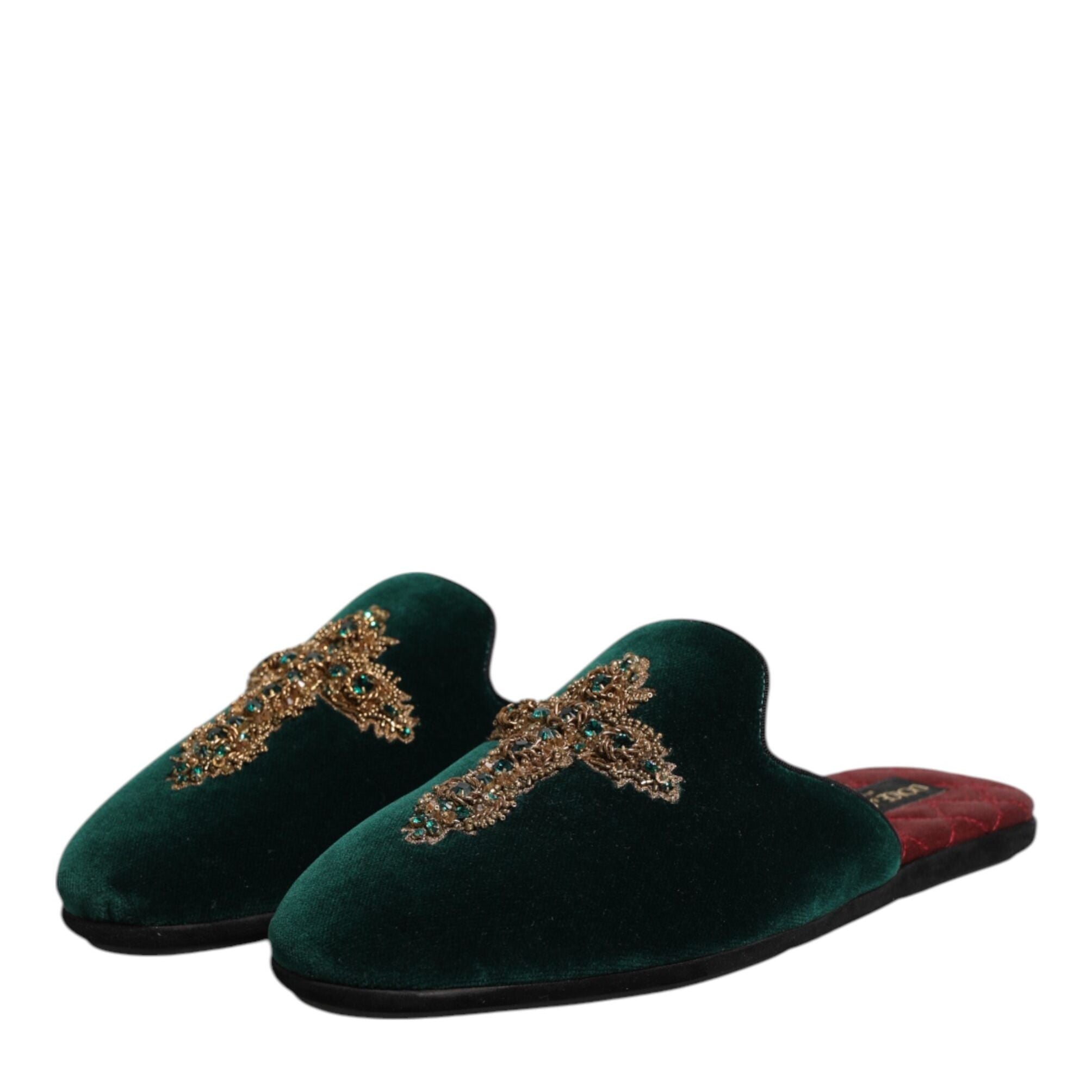 Dolce & Gabbana Green Velvet Cross Embellished Slippers Shoes