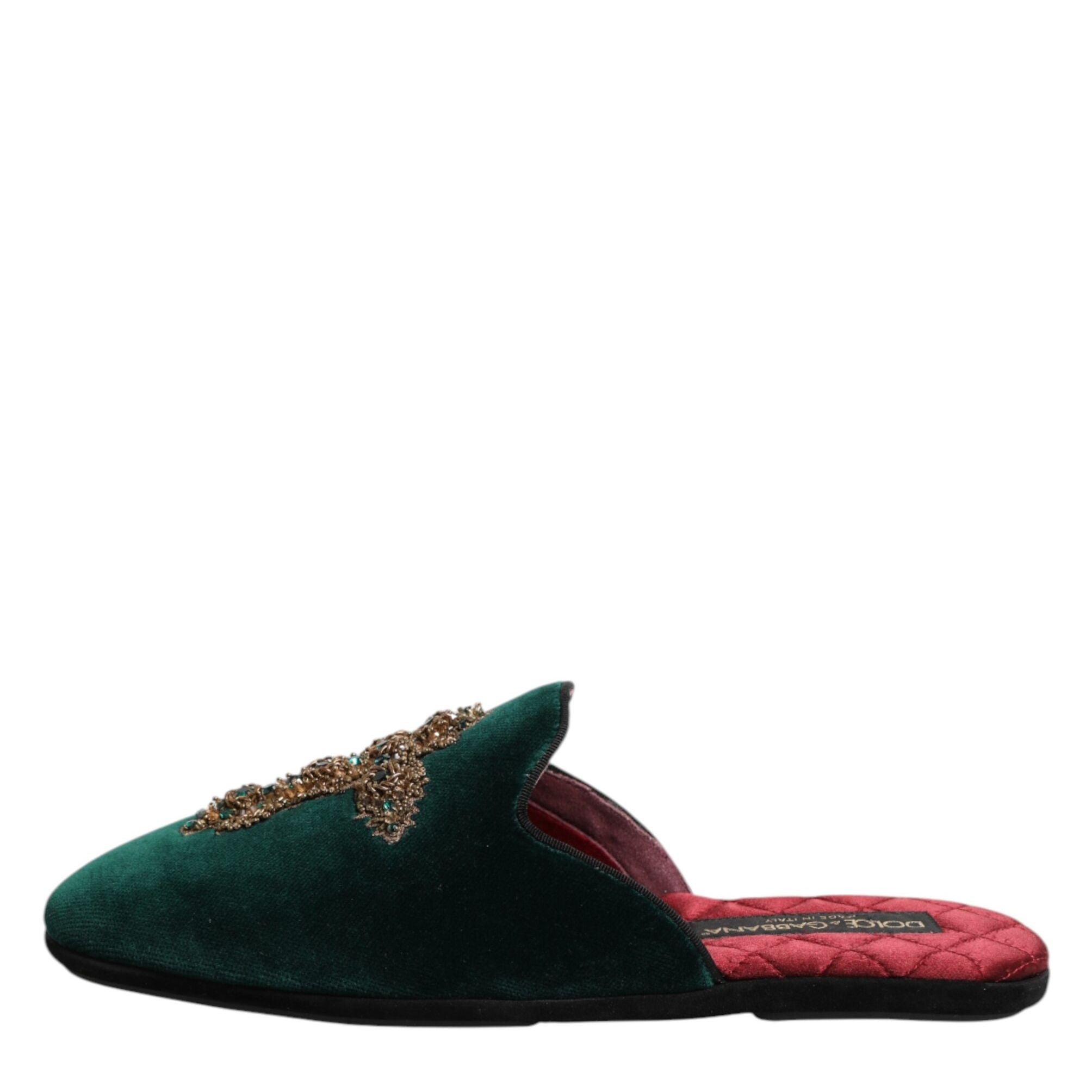 Dolce & Gabbana Green Velvet Cross Embellished Slippers Shoes