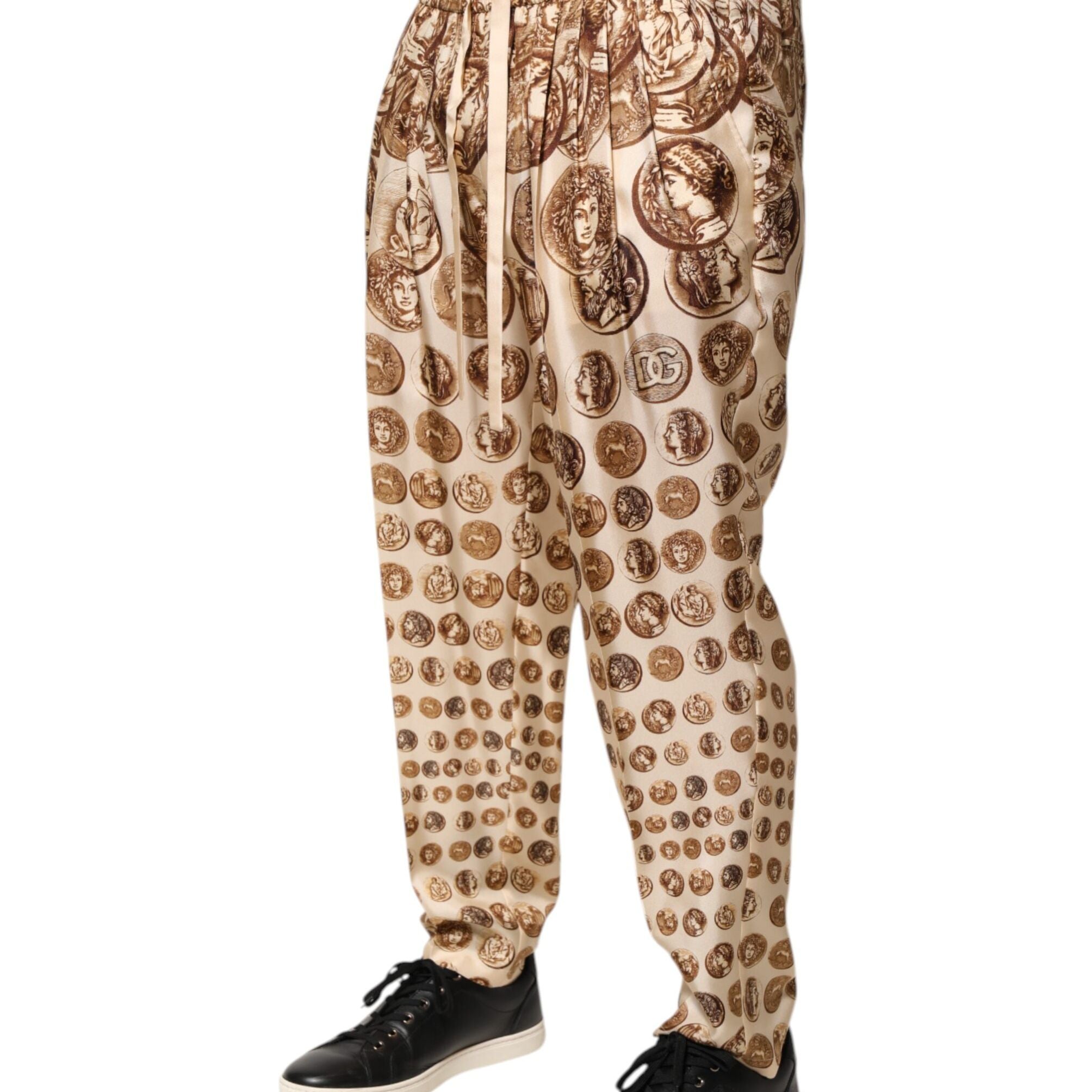 Dolce & Gabbana Beige Coin Print Silk Twill Men Jogger Pants