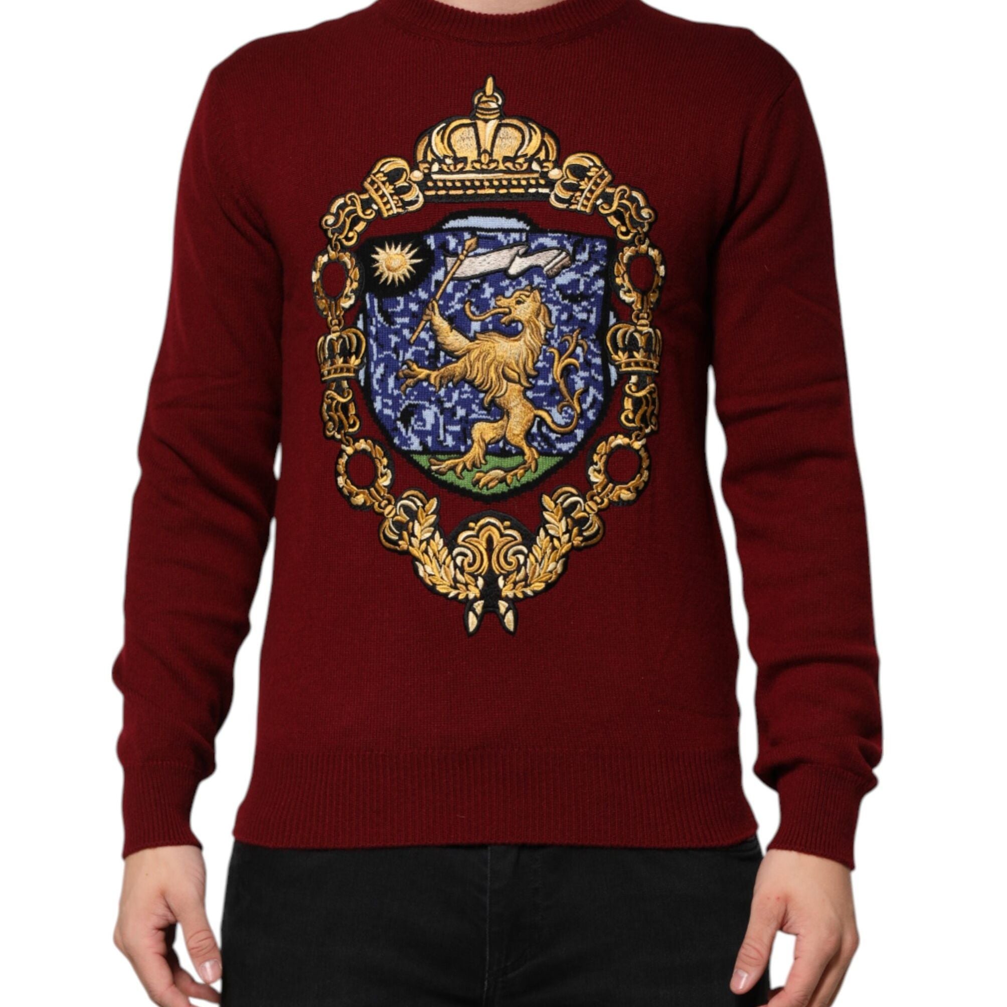 Dolce & Gabbana Burgundy Cashmere Lion Crest Pullover Sweater