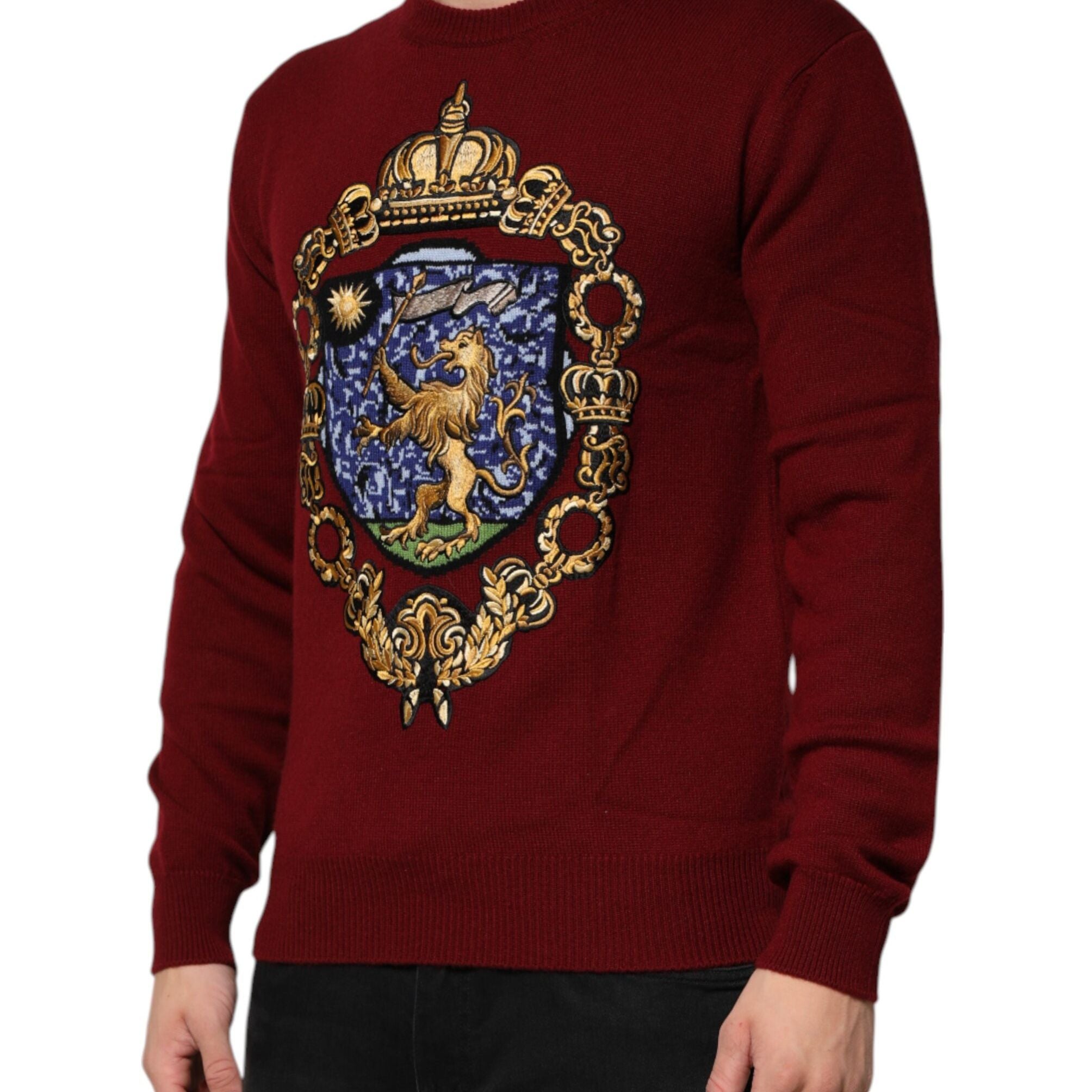 Dolce & Gabbana Burgundy Cashmere Lion Crest Pullover Sweater
