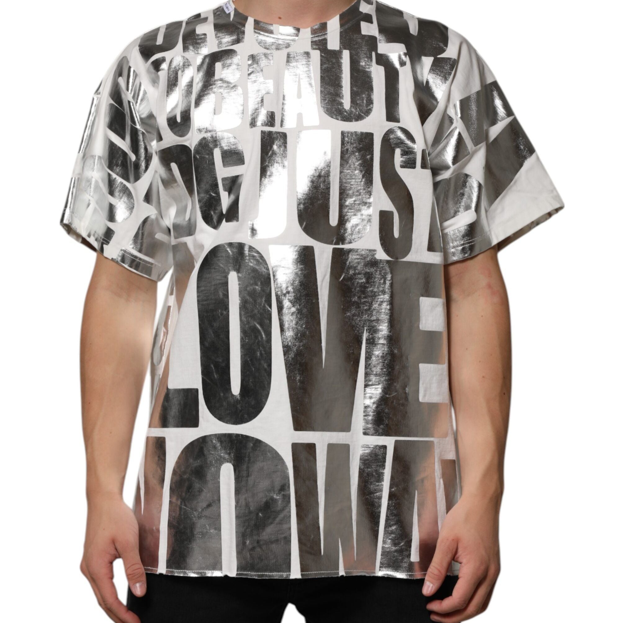 Dolce & Gabbana White Cotton Silver Metallic Slogan Print T-shirt
